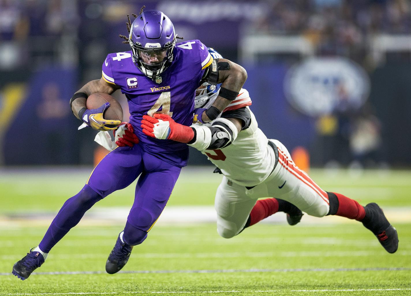 Dalvin Cook (4) during a run in the second quarter during an NFL wild card playoff game between the Minnesota Vikings and the New York Giants on Sunday, Jan. 15, 2023 at U.S. Bank Stadium in Minneapolis. ] CARLOS GONZALEZ • carlos.gonzalez@startribune.com.