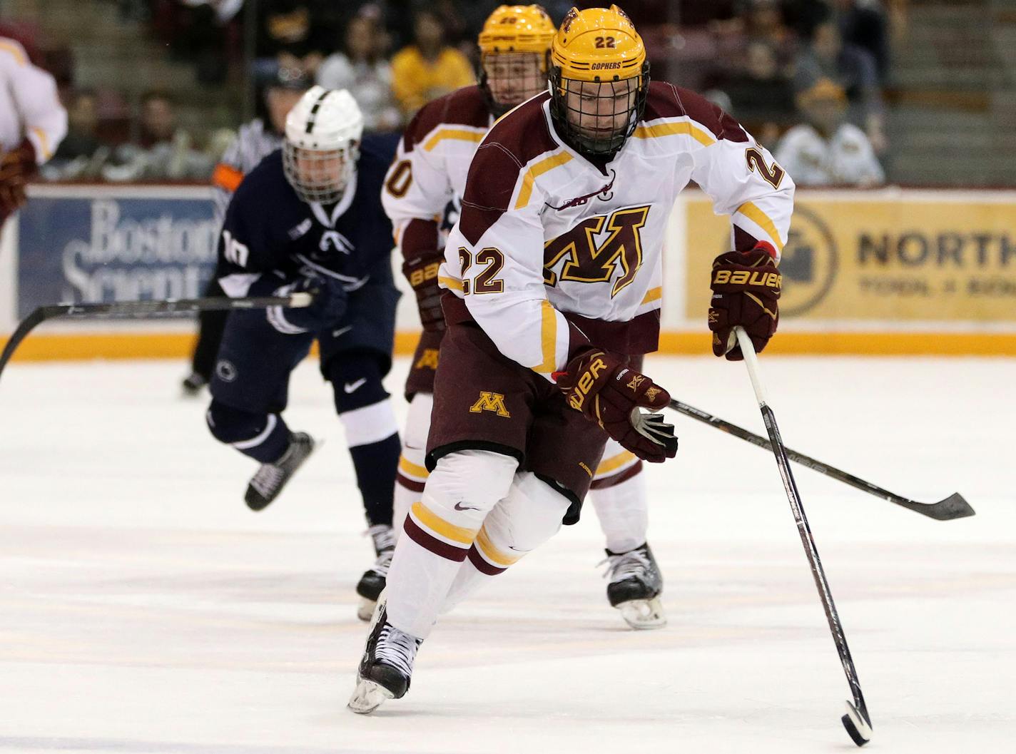 Minnesota Golden Gophers forward Tyler Sheehy (22) takes the puck down the ice during the second period. ] ANTHONY SOUFFLE &#xef; anthony.souffle@startribune.com Game action from an NCAA men's ice hockey game between the Minnesota Golden Gophers and the Penn State Nittany Lions Friday, Feb. 3, 2017 at Mariucci Arena on the ground of the University of Minnesota in Minneapolis.