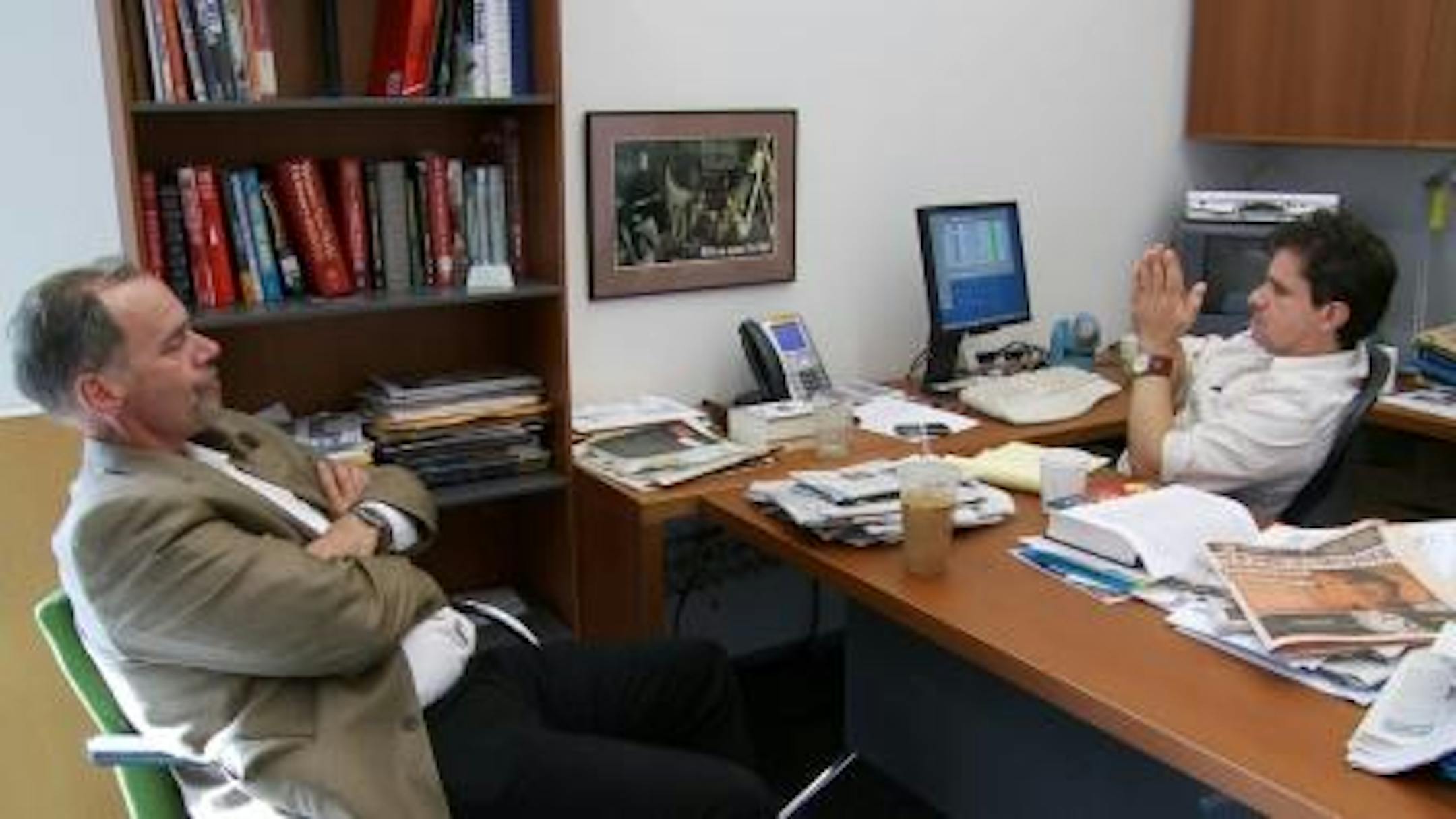 David Carr and New York Times Media Desk Editor Bruce Headlam in "Page One." Photo: Sundance Institute.