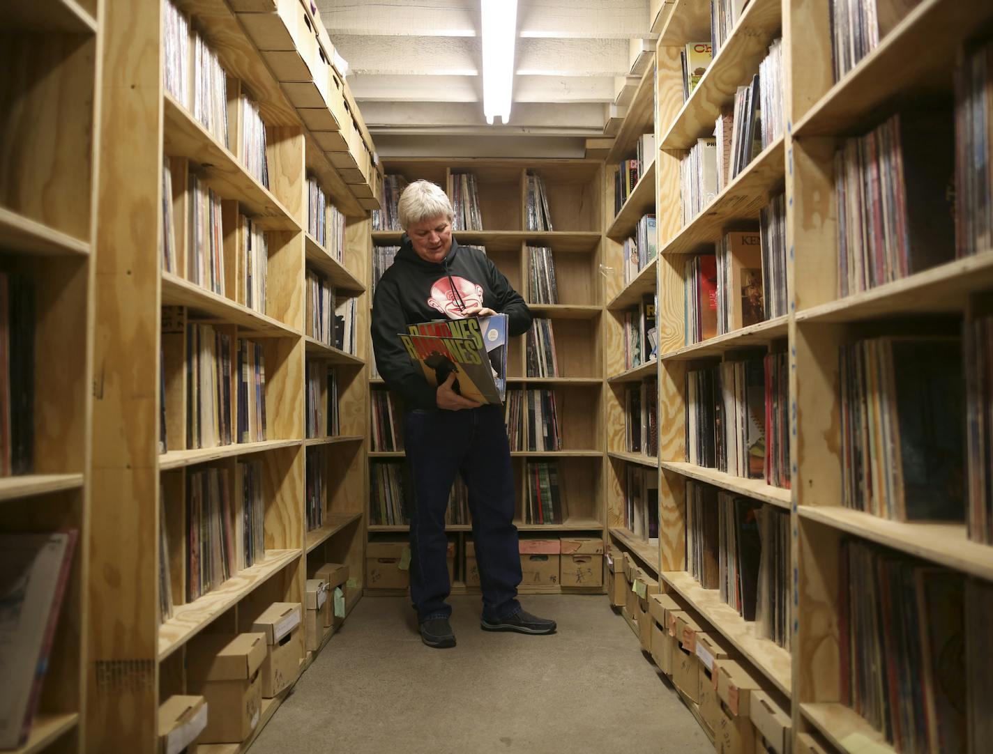 Rob Sheeley had to build shelves in the basement of his Hopkins record store, Mill City Sound, to house the treasure trove of LPs and 45s he recently bought.