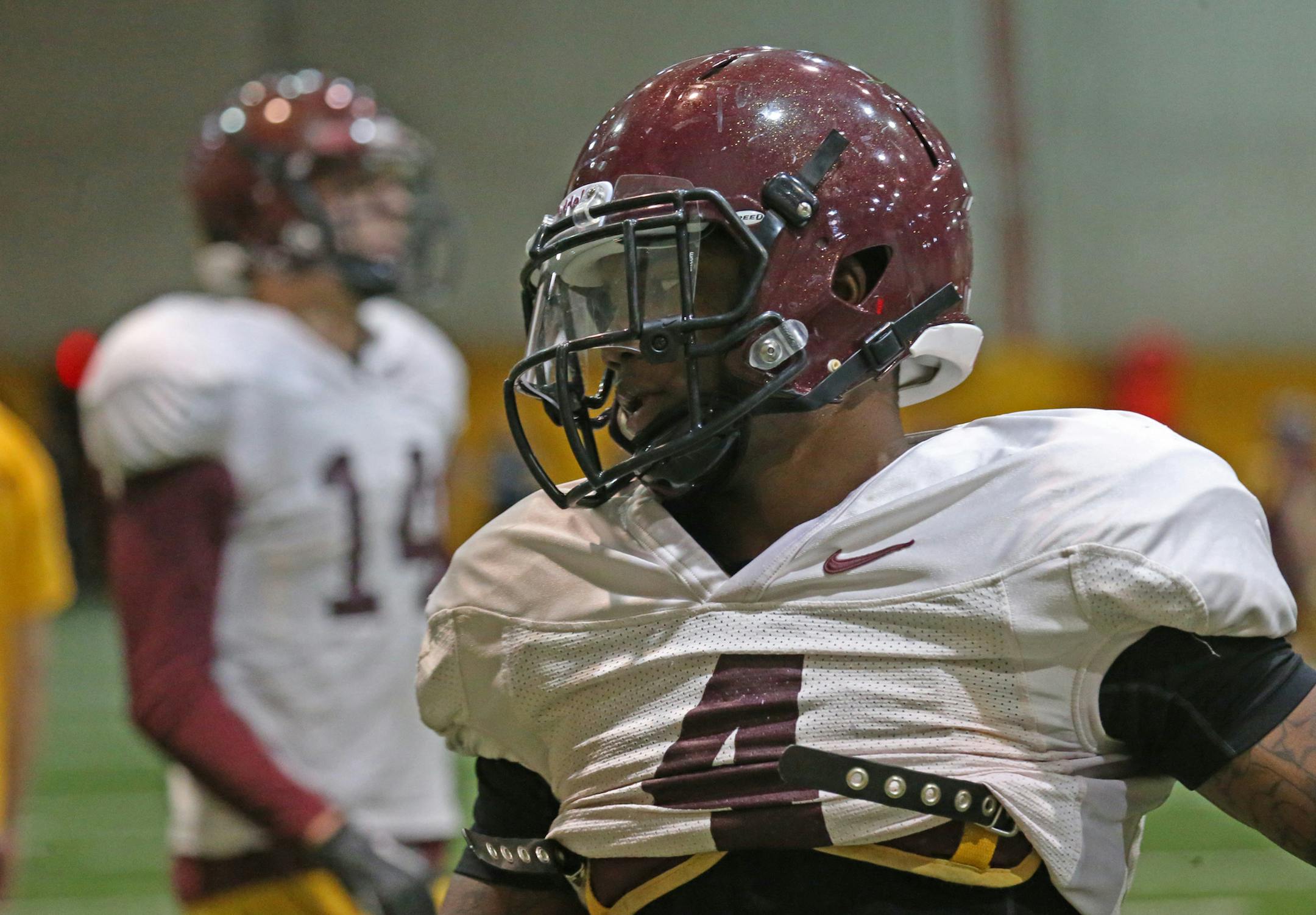 University of Minnesota Football Wide Receiver KJ Maye ran drills during indoor practice on 4/6/13.] Bruce Bisping/Star Tribune bbisping@startribune.com KJ Maye/roster.