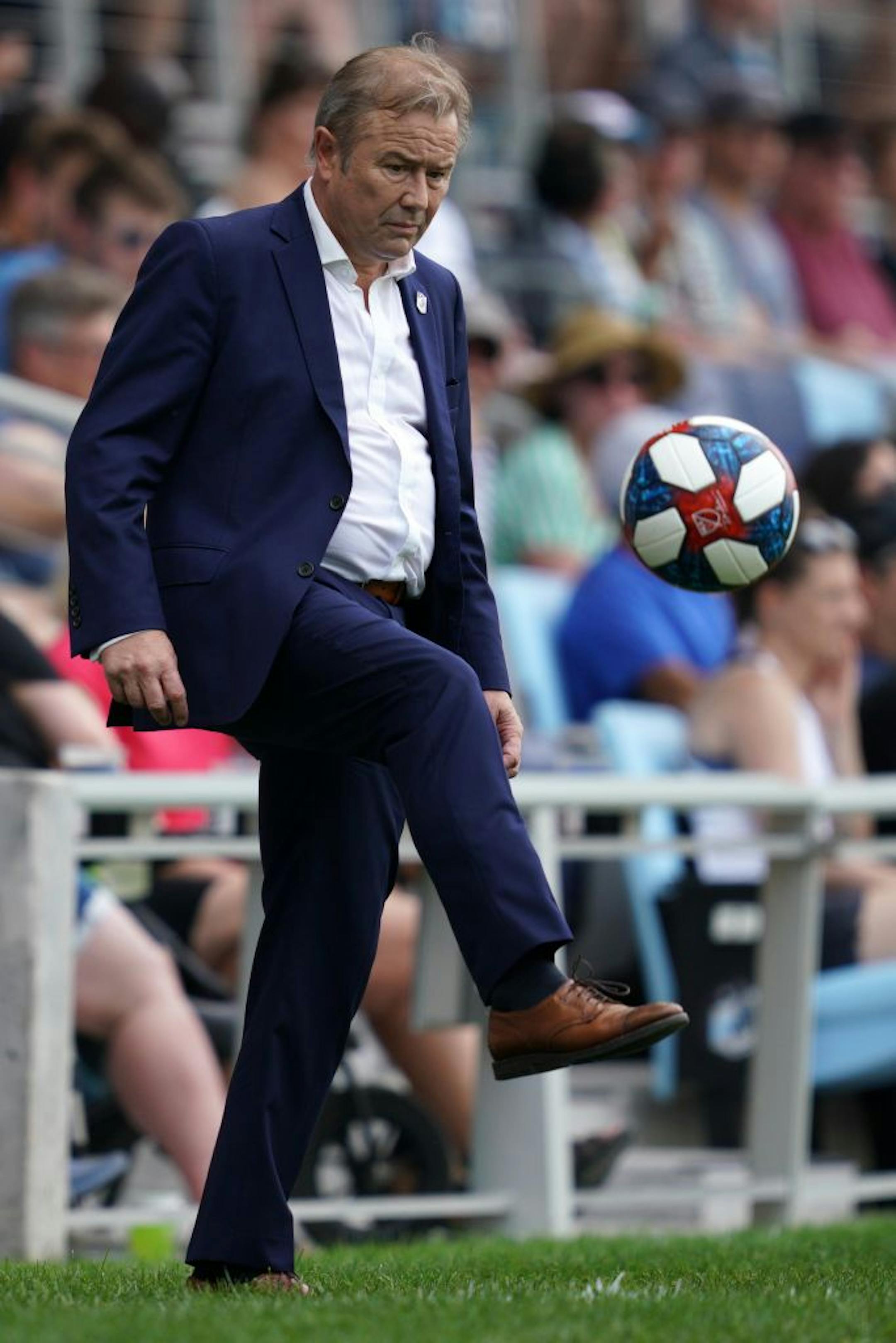 Minnesota United head coach Adrian Heath popped the ball up as it came his way on the sidelines in the first half.