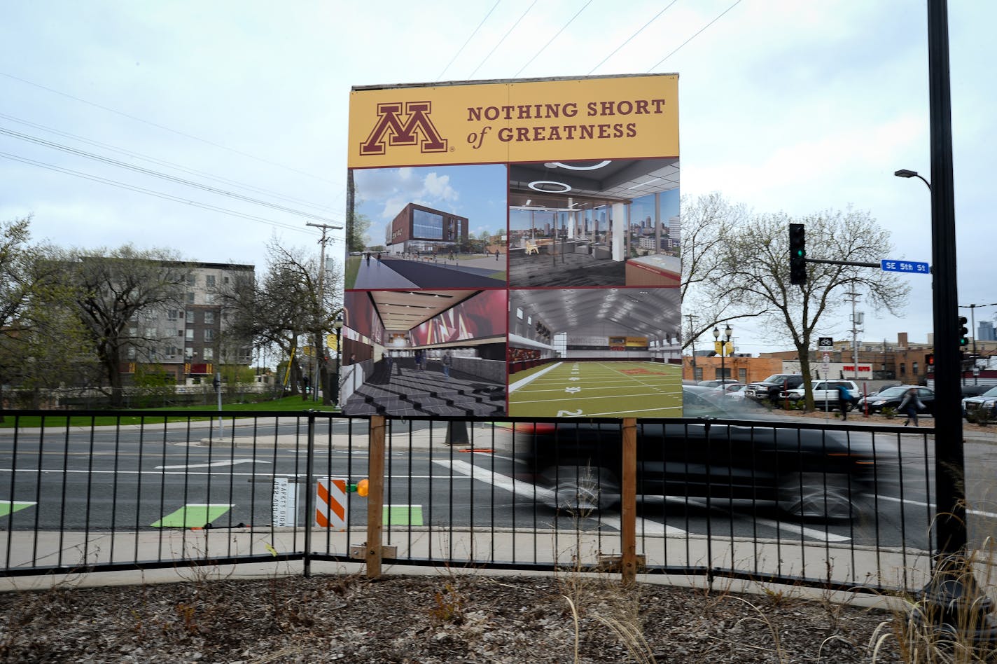 Renderings of the Athletic Village outside the Bierman Field Athletic Building. ] AARON LAVINSKY &#xef; aaron.lavinsky@startribune.com The University of Minnesota Athletics Department and Mortenson Construction gave a media tour of the ongoing Athletes Village Construction on Thursday, April 27, 2017 in Minneapolis, Minn.