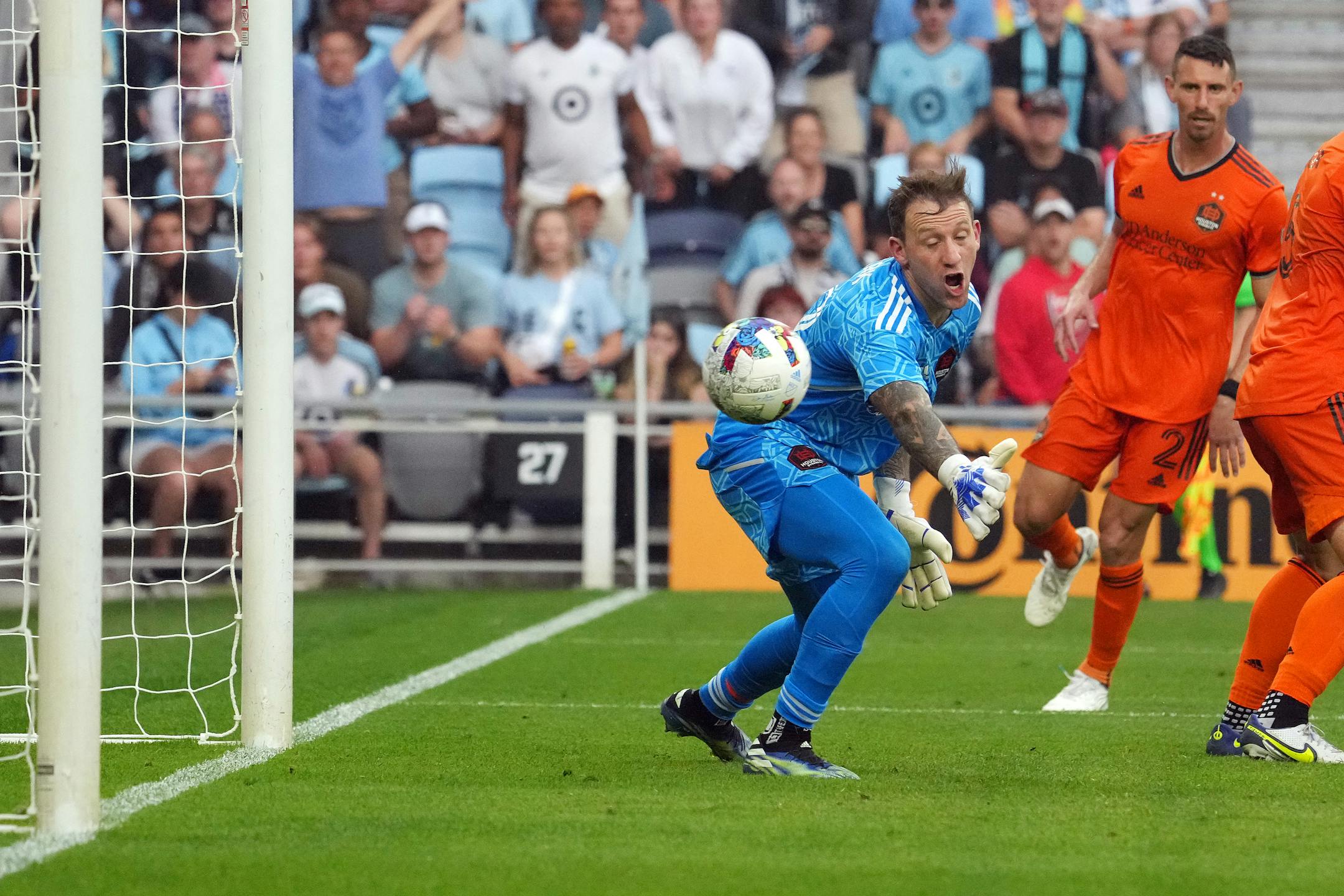 Houston Dynamo goalkeeper Steve Clark (12) is unable to make the save off a shot by Minnesota United forward Luis Amarilla (9) in the second half of an MLS game between Minnesota United and the Houston Dynamo.