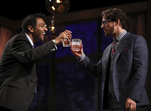 Bhavesh Patel as Muslim attorney Amir, left, with Kevin Isola in “Disgraced” at the Guthrie.