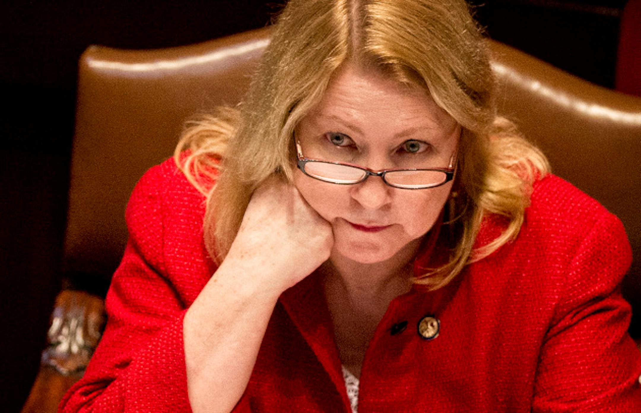 Sen Chris Eaton listened as GOP Sentors challenged her  minimum wage bill with questions and amendments on the Senate floor.    Wednesday, May 8, 2013     ]   GLEN STUBBE * gstubbe@startribune.com