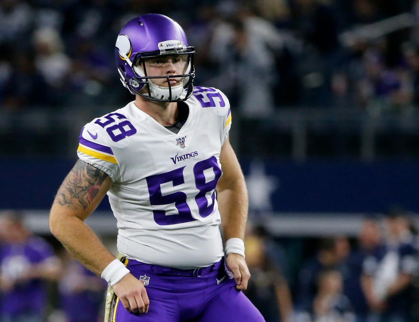 Minnesota Vikings long snapper Austin Cutting (58) warms up before an NFL football game against the Dallas Cowboys in Arlington, Texas, Sunday, Nov. 10, 2019. (AP Photo/Michael Ainsworth)