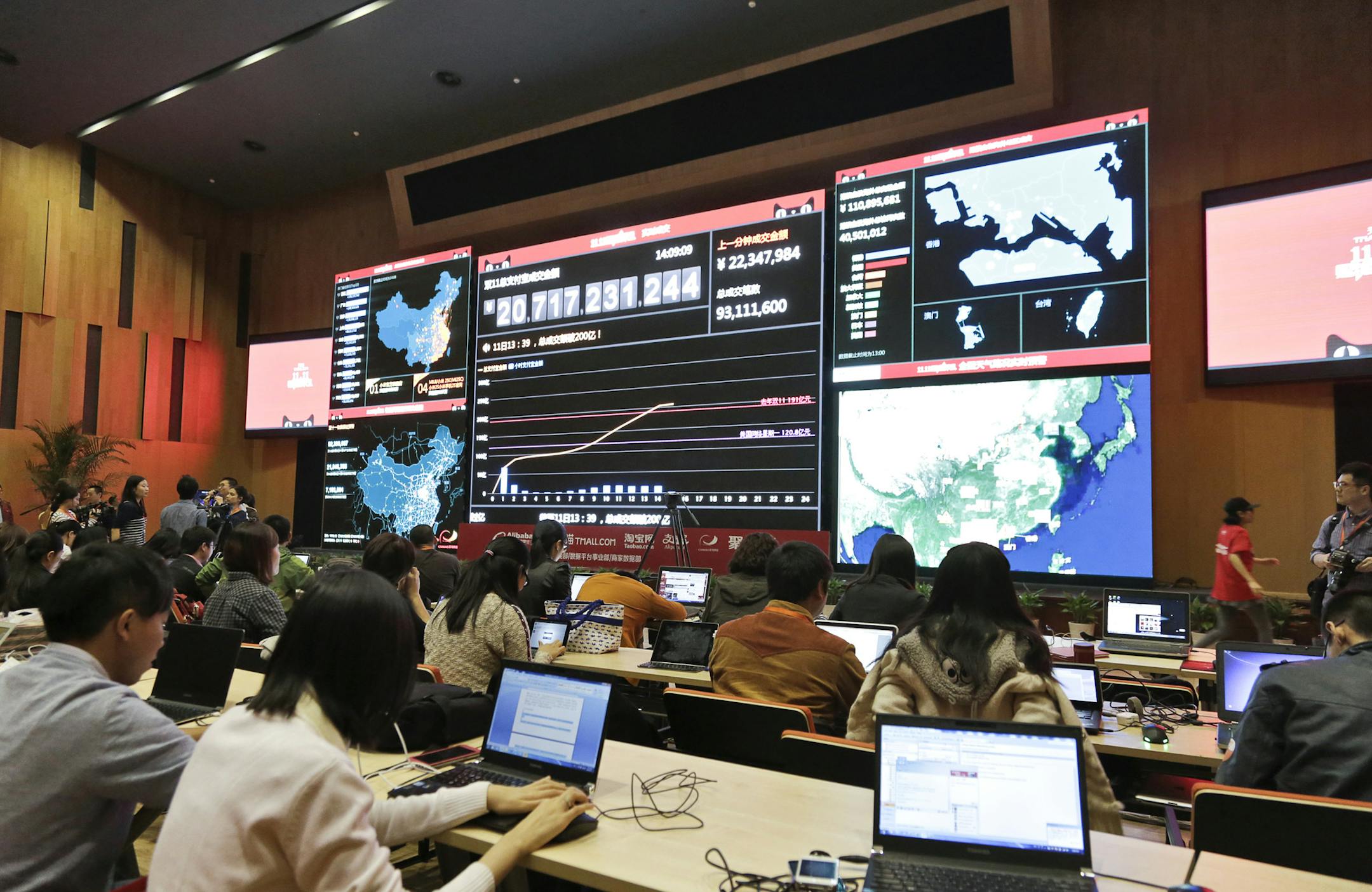 Screens show live data feeds during an annual one-day online shopping blowout that has ballooned into the world's biggest e-commerce event, at Alibaba's headquarters in Hangzhou, China, Nov. 11, 2013. Alibaba, the largest online retailer in China, said it reached its target of 30 billion renminbi, or about $5 billion, in sales for the day via its online payment system, Alipay. (Qilai Shen/The New York Times) ORG XMIT: MIN2013111116080778
