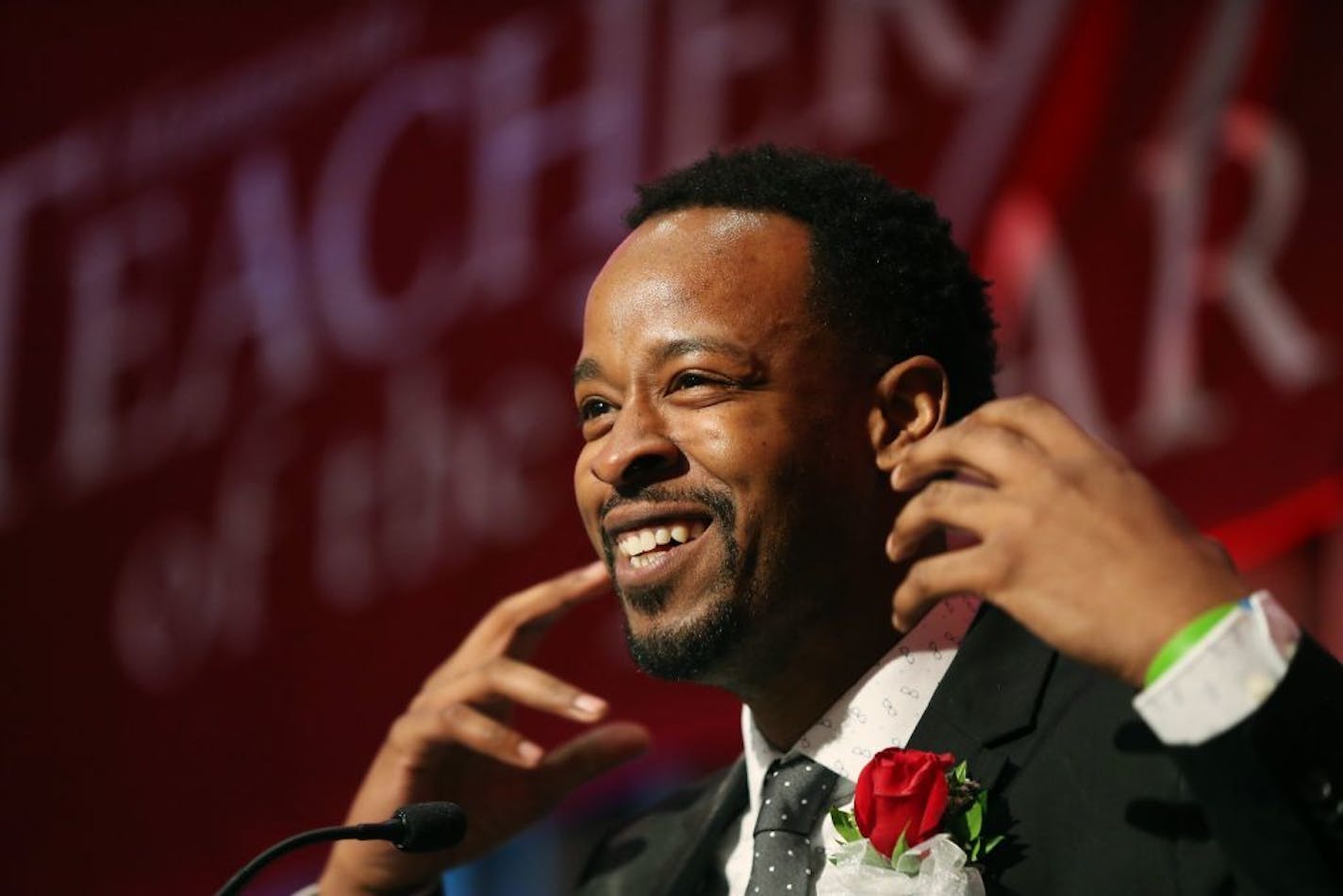 Adbul Wright, language arts teacher at Best Academy Charter School, celebrated winning the 2016 Minnesota Teacher of the Year award at the Radisson Blu in Bloomington on Sunday.