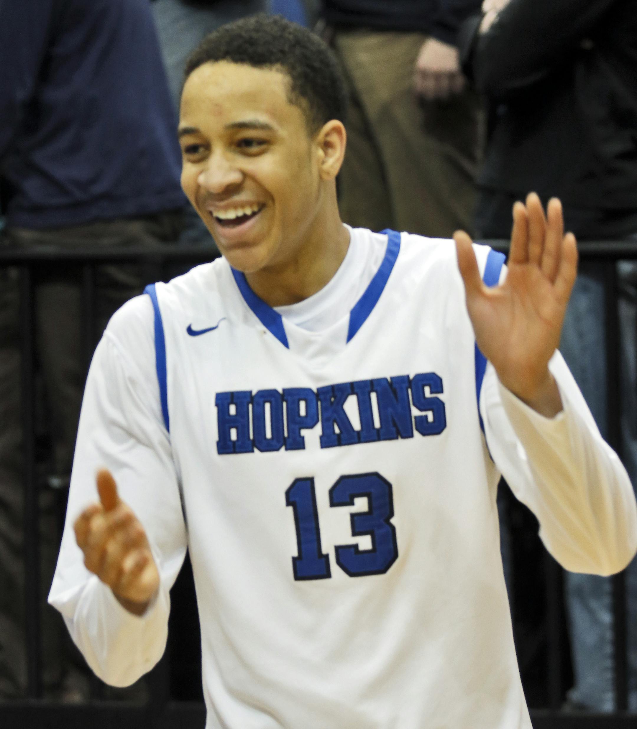 Hopkins Amir Coffey was all smiles after he won the game in the fourth overtime with a shot beyond the half court line as the horn was sounding. ] Class 4A Boys Basketball Tournament. Hopkins vs. Shakopee. Hopkins won in four overtimes 49-46.(MARLIN LEVISON/STARTRIBUNE(mlevison@startribune.com)