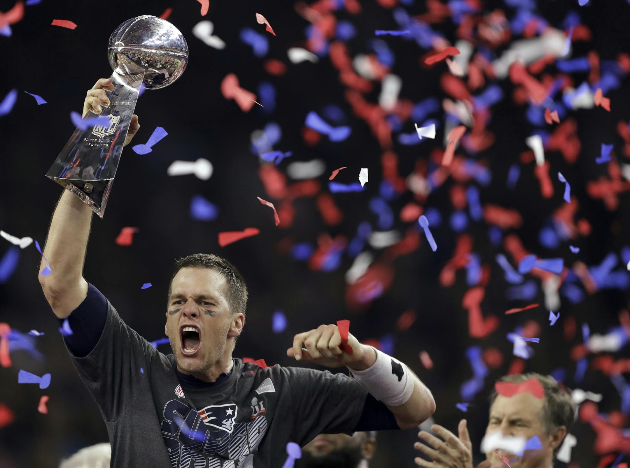 The Patriots' improbable comeback last season edged the Falcons, but they will need to counter a strong Eagles pass rush (bottom) to win their sixth title.