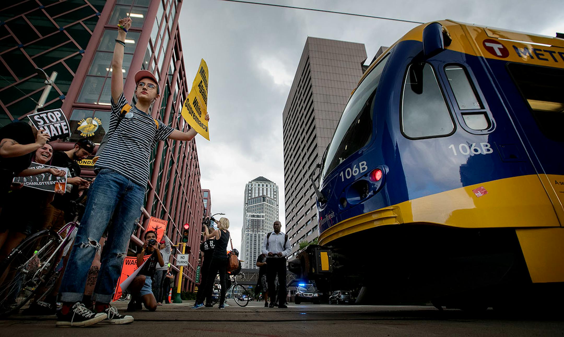 Demonstrators blocked a light rail train during the Solidarity with anti-racists in Charlottesville march that ended in downtown Minneapolis on Monday.