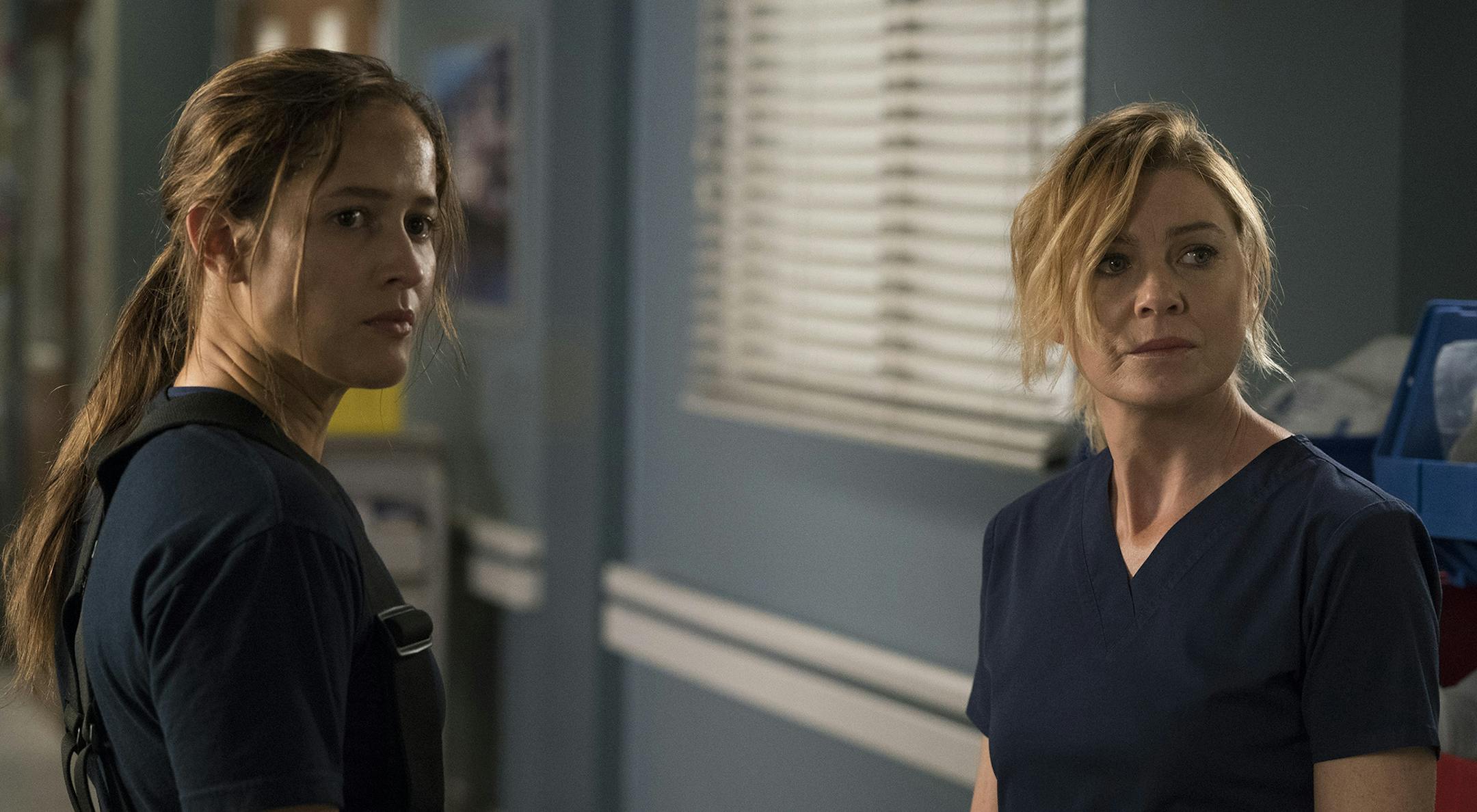 Jaina Lee Ortiz, left, and Ellen Pompeo in the premiere of "Station 19."