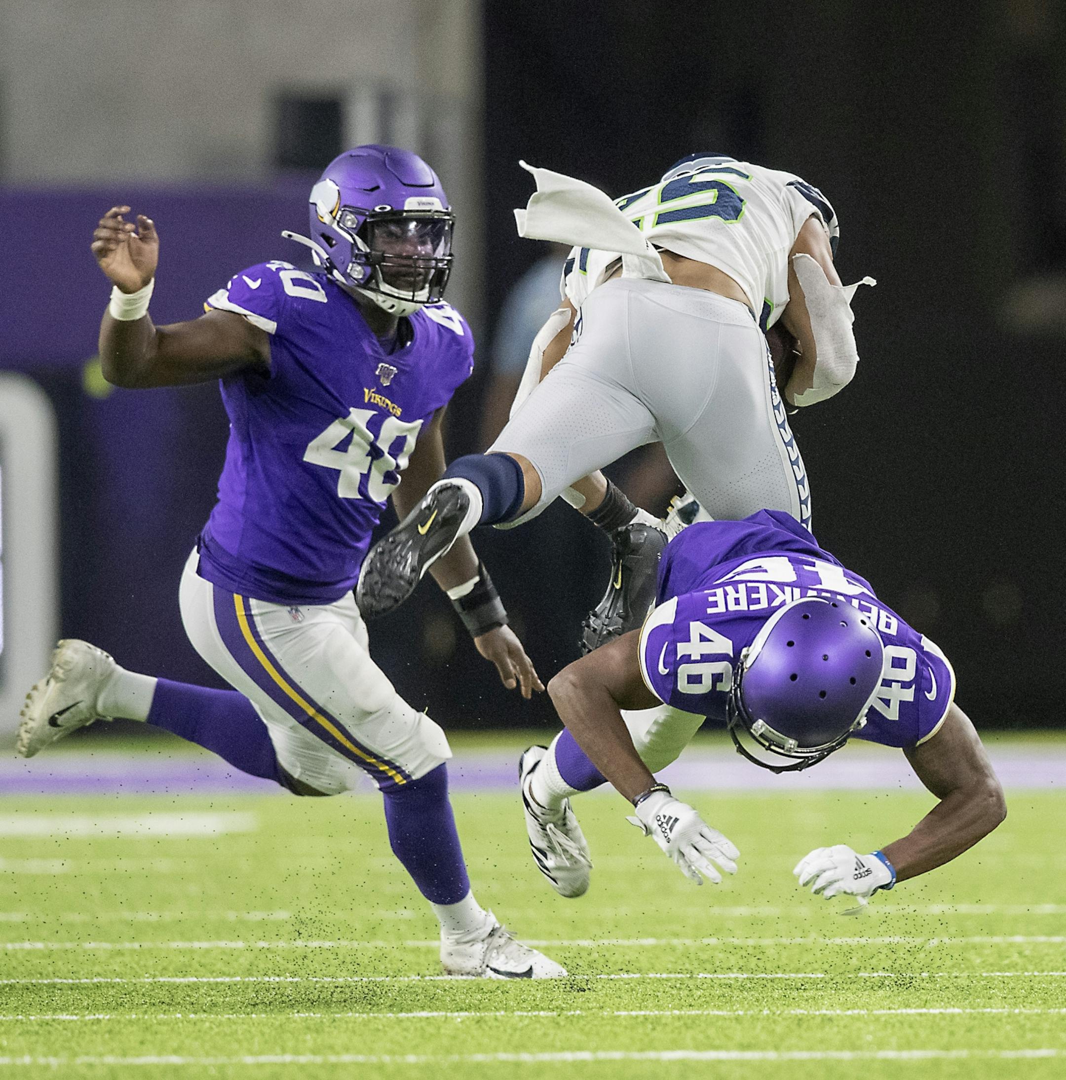 Vikings Bene Benwikere took down Seahawks' running back Travis Homer during the third quarter in the pre-season matchup between the Minnesota Vikings and the Seattle Seahawks at US Bank Stadium, Sunday, August 18, 2019 in Minneapolis, MN.