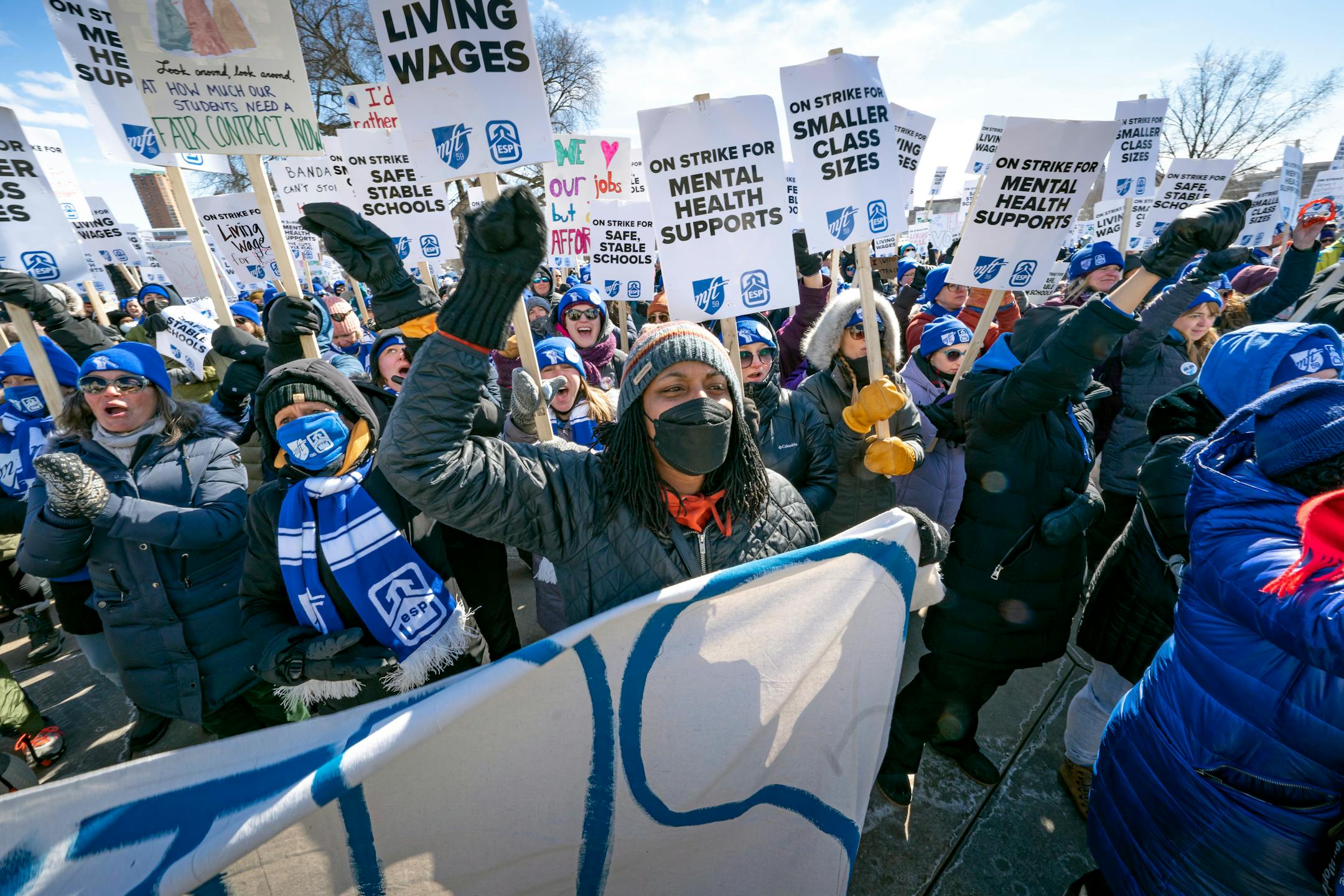 Twin Cities teachers including MFT, Minneapolis Federation of Teachers Local 59, and ESP, Education Support Professionals, rallied at the Minnesota State Capitol, Wednesday, March 9, 2022 St. Paul, Minn. (Glen Stubbe/Star Tribune)