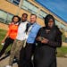 At Columbia Heights High School, students Sherouk Mohamed,17, left, Karim Muse,17, in white, and Khadra Mohamed,18, right, walked out in protest of an