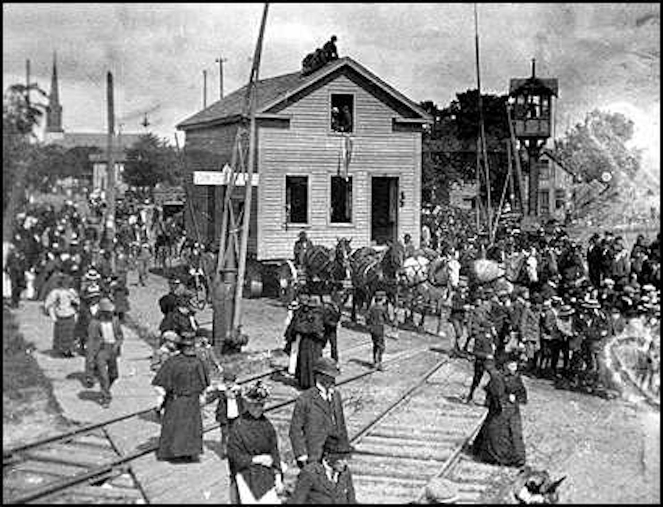 Working in relays and aided by 10 horses, 10,000 Minneapolis schoolchildren pulled the John Stevens house from near downtown to Minnehaha Park on May 28, 1996. The edvent was initiated and sponsored by the Minneapolis Journal, culmination of a campaign to find the city's oldest house. The Stevens house, built in 1849 or 1850, was the site of many important gatherings in the first years of the city. (one of the children pulling was the mother of John Addington, longtime Star Tribune asst. news ed