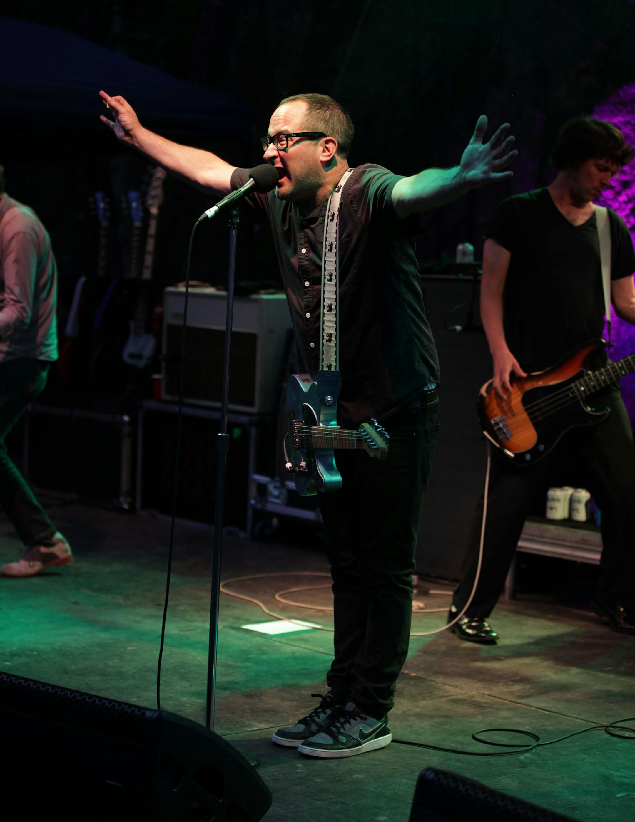 Craig Finn (center) provides the vocals for The Hold Steady during the concert Saturday night at the Minnesota Zoo.] The Hold Steady performed on Saturday night at the Minnesota Zoo as a part of Music in the Zoo. The Hold Steady are originally from Minneapolis and have released six studio albums, the most recent being "Teeth Dreams." MONICA HERNDON monica.herndon@startribune.com Apple Valley, MN 07/5/2014