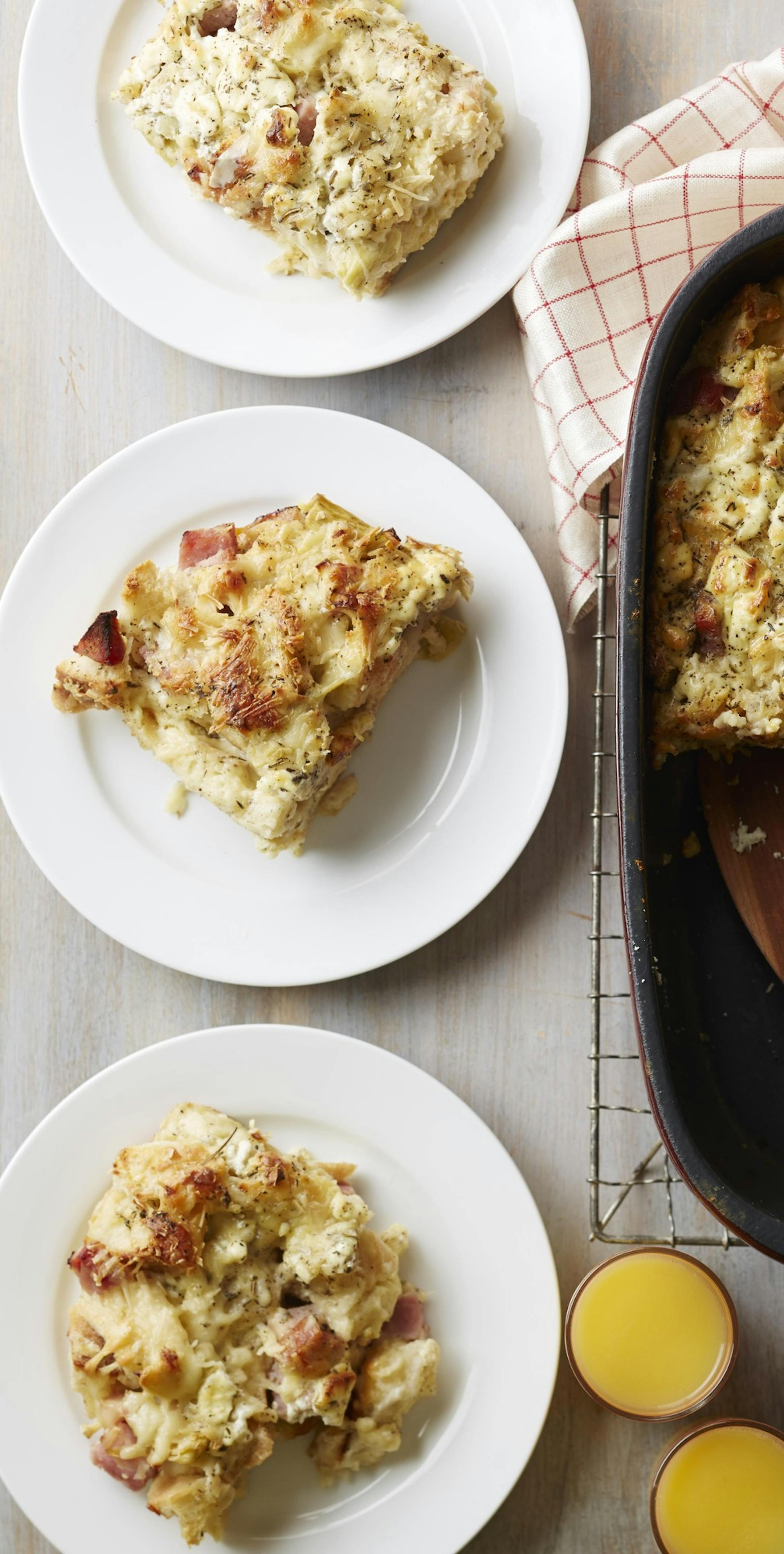 Goat cheese, artichoke and smoked ham strata