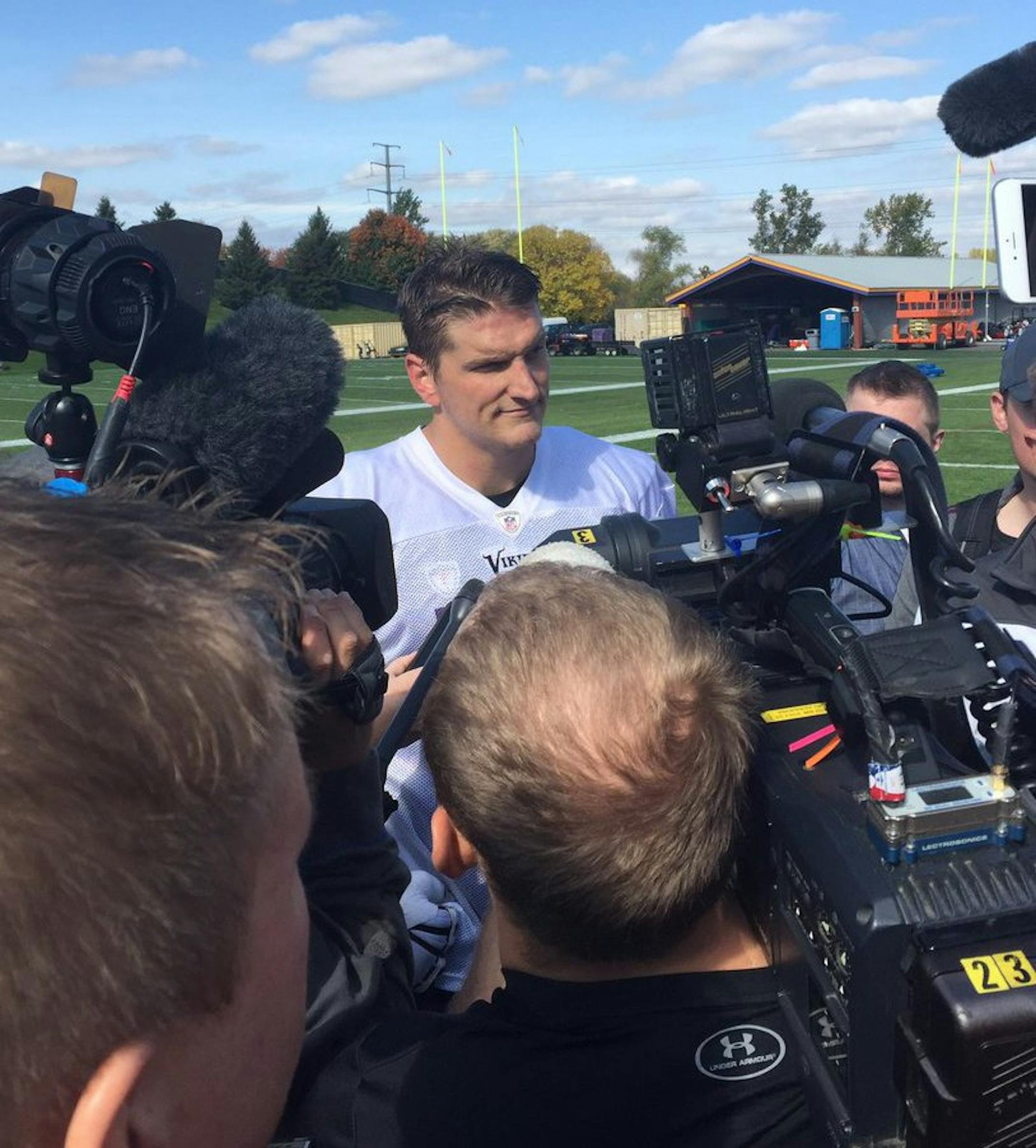 Jake Long meets the press at Vikings practice. Photo by Matt Vensel.