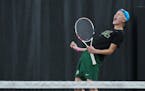 Rochester Mayo's Ben Erickson celebrates a winning point against Wayzata in the state Class 2A team tournament at the Baseline Tennis Center on the ca