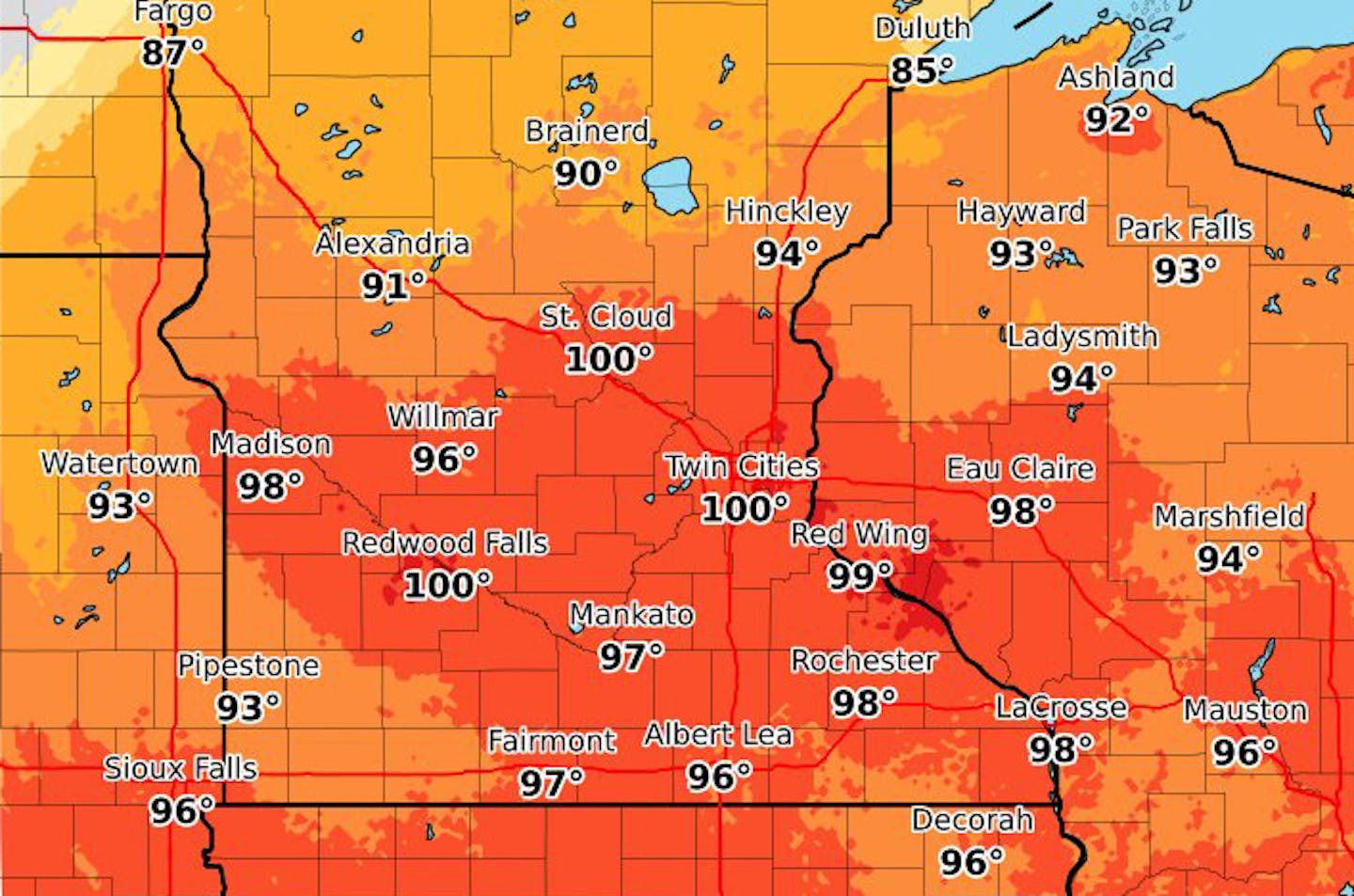 The National Weather Service Twin Cities is predicting a heat index of 100 for Friday, the first day of fall.