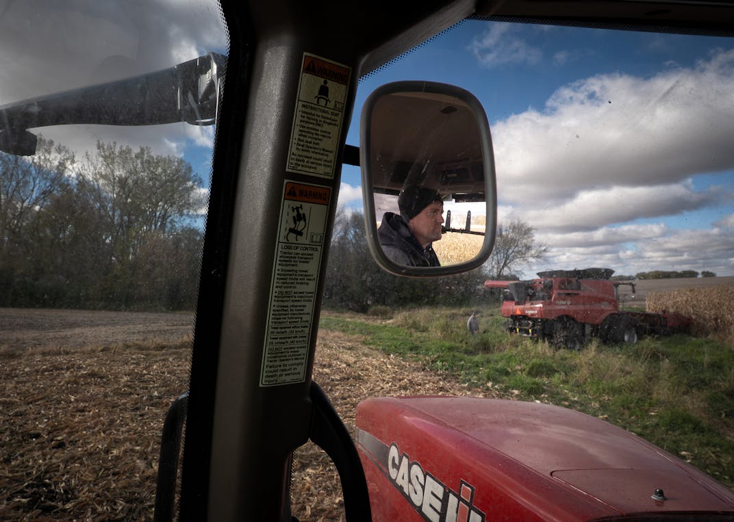 Ben Johnson prepares to pull his combine from the mud after it got stuck while moving to a different field during the 2025 harvest.
Wednesday October 22, 2025 

Glen Stubbe for The Minnesota Star Tribune