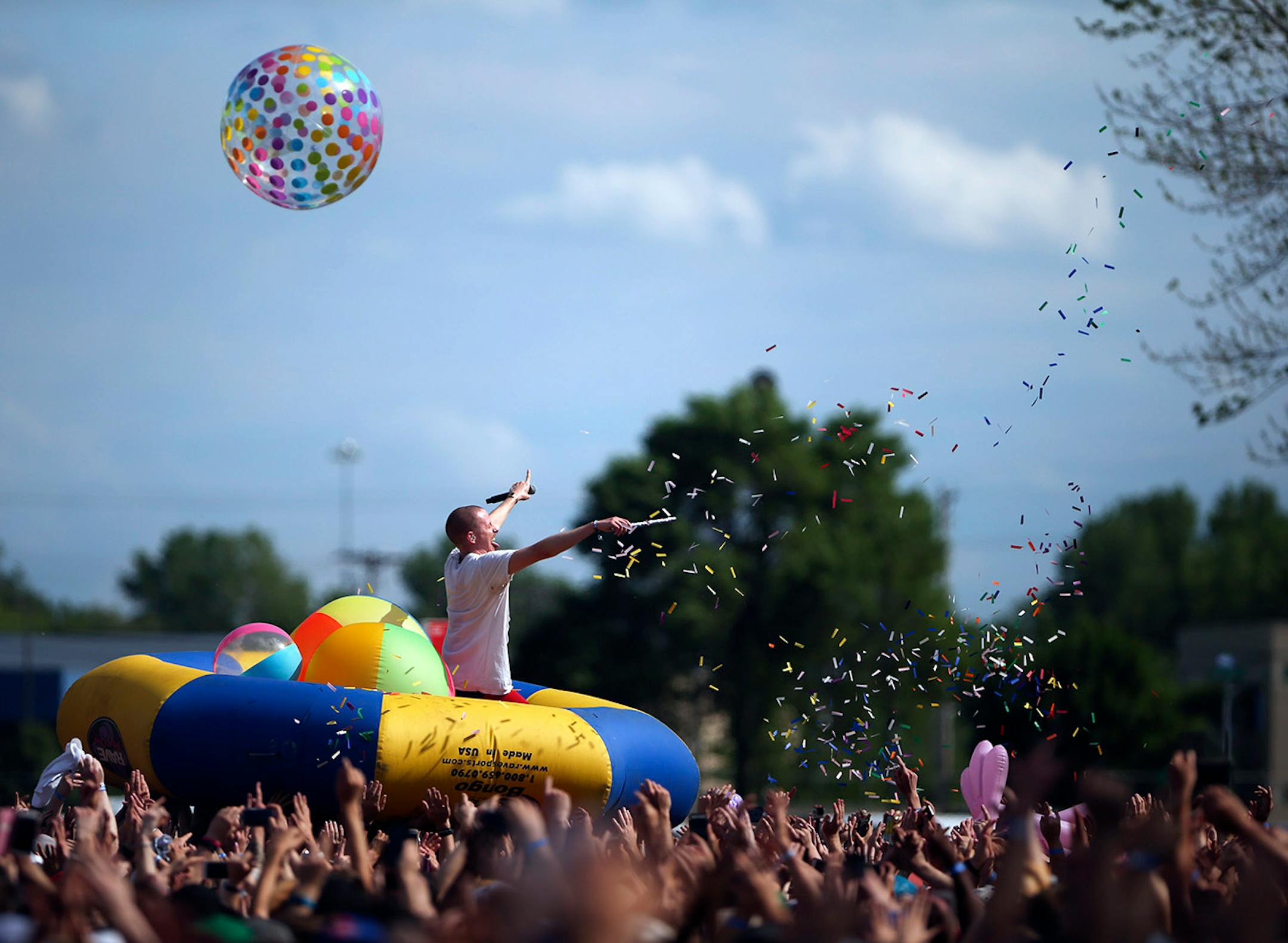 Prof crowd surfed on a raft during his set on the Main Stage Sunday afternoon at Soundset 2016.