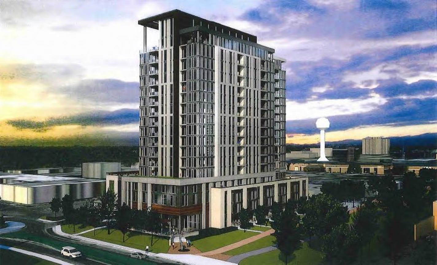 A 17-story apartment tower is being proposed to be built at the site of the Guitar Center in Edina.
Image courtesy Lund Real Estate Partners; ESG