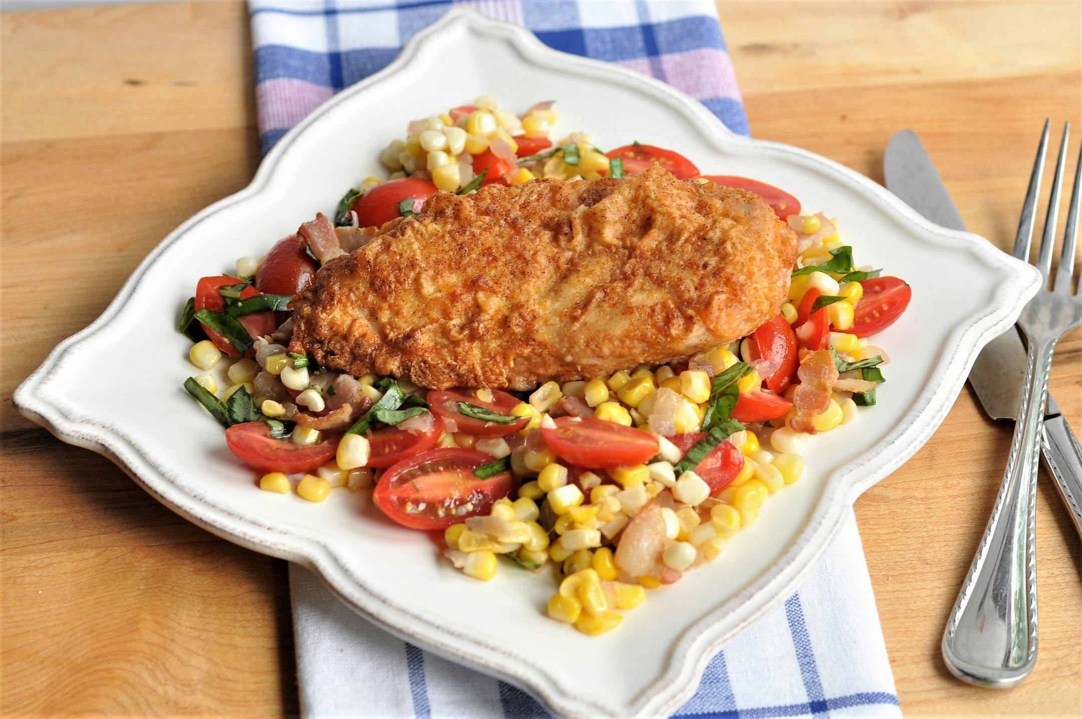 Pan-Fried Chicken Breasts With Corn, Tomato and Bacon Salad. Photo by Meredith Deeds