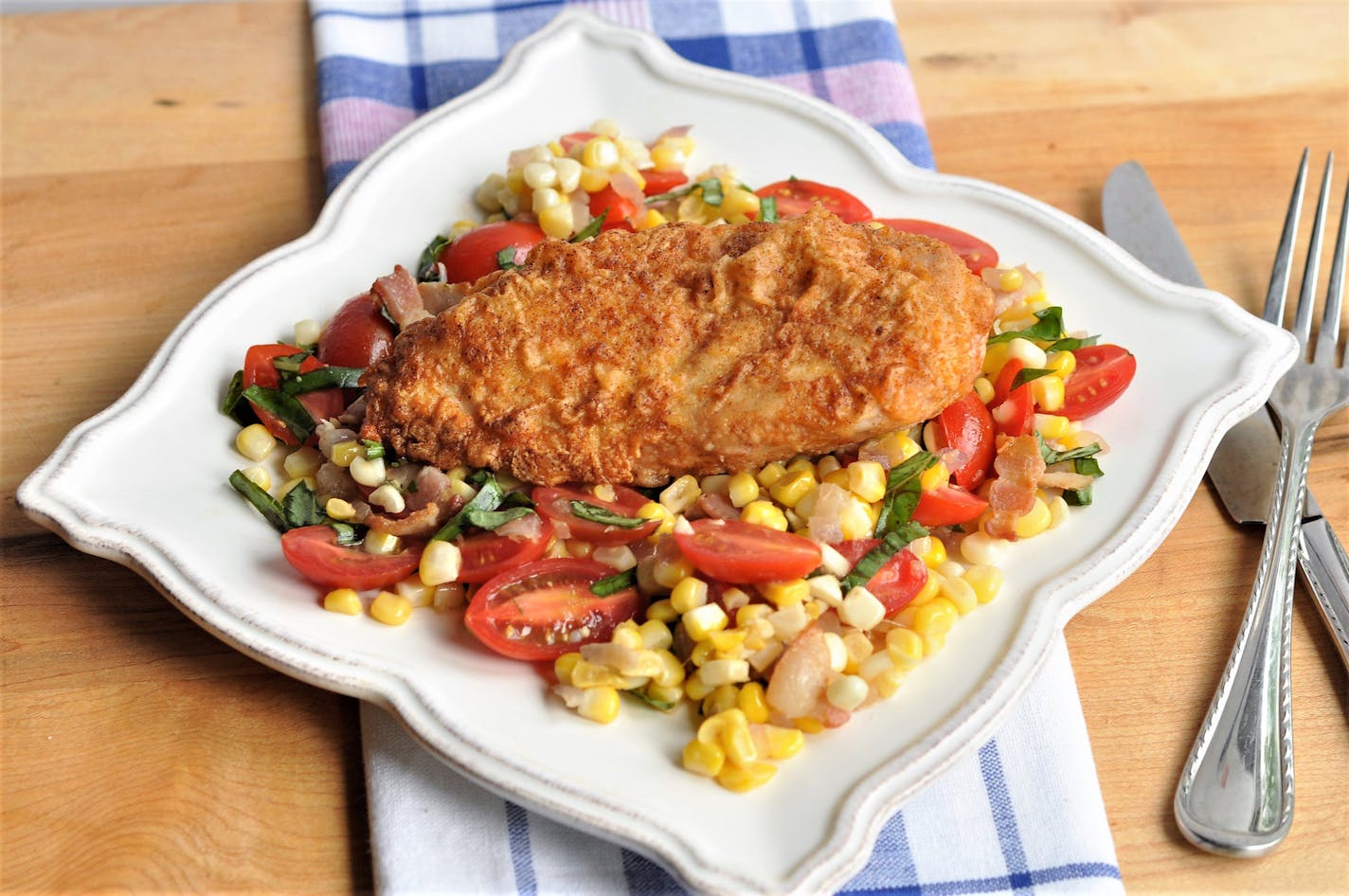 Pan-Fried Chicken Breasts With Corn, Tomato and Bacon Salad. Photo by Meredith Deeds