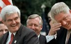House Speaker Newt Gingrich of Ga. and President Clinton share a laugh on the South Lawn of the White House Tuesday Aug. 5, 1997 where the president s