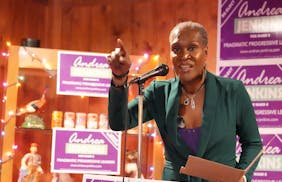 Minneapolis City Council President Andrea Jenkins speaks to supporters as they wait for election results Tuesday the Creekside Supper Club in south Mi