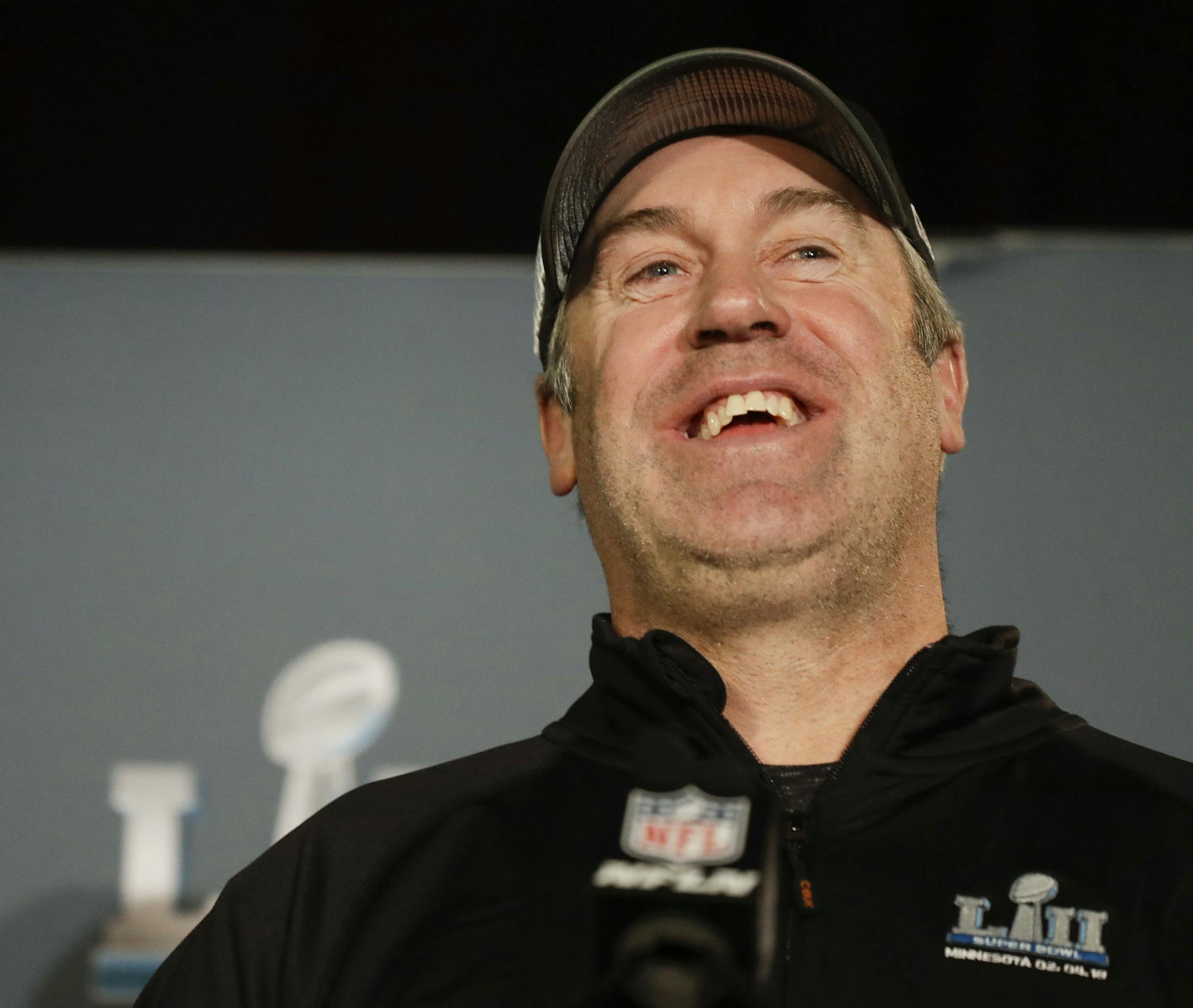 Philadelphia Eagles head coach Doug Pederson smiles during a news conference after the NFL Super Bowl 52 football game Monday, Feb. 5, 2018, Bloomington, Minn. The Eagles won 41-33. (AP Photo/Chris Carlson)