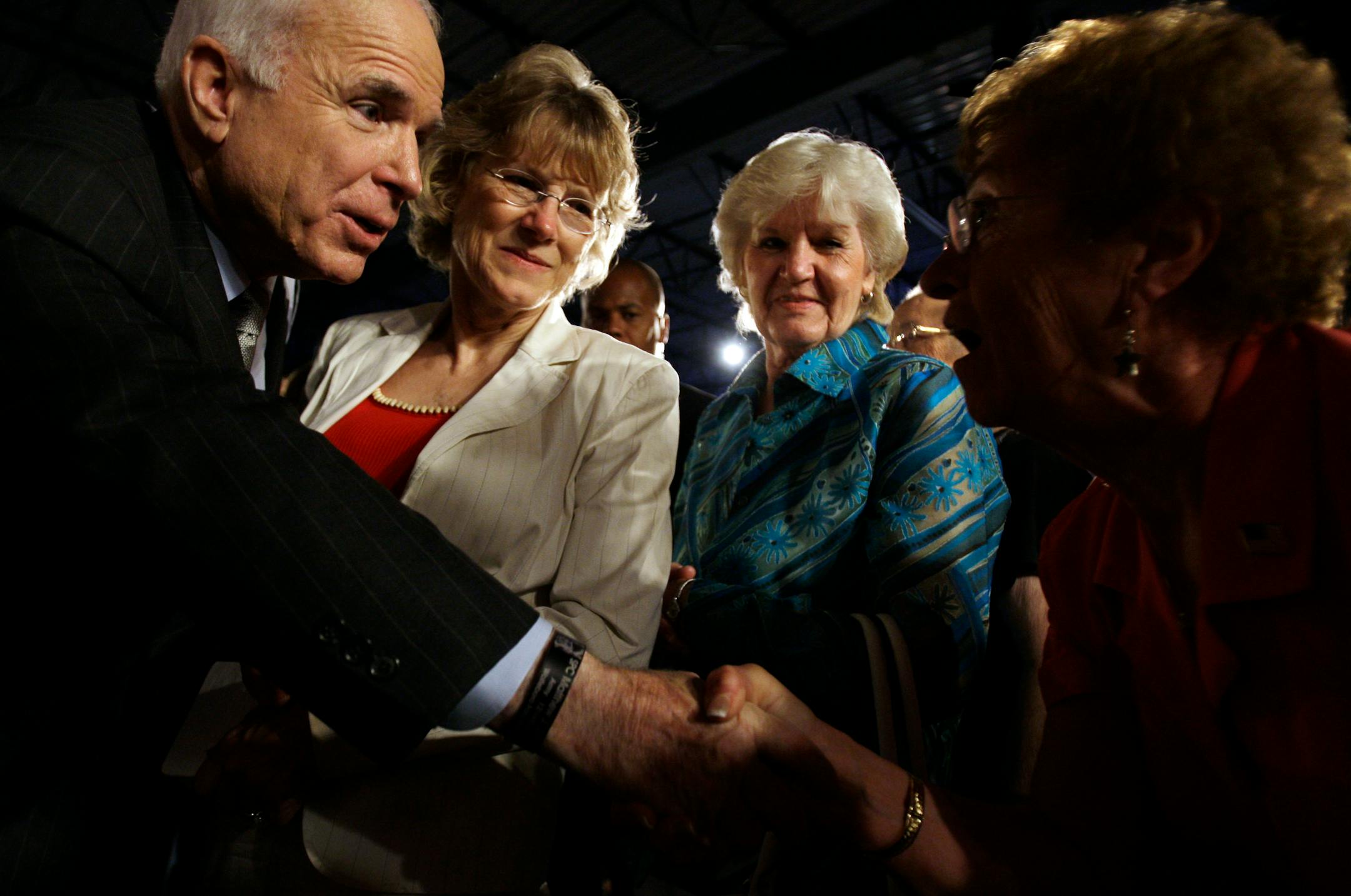 Republican presidential candidate Sen. John McCain, R-Ariz., greets supporters Friday during a campaign stop at J&L Steel Erectors in Hudson, Wis.