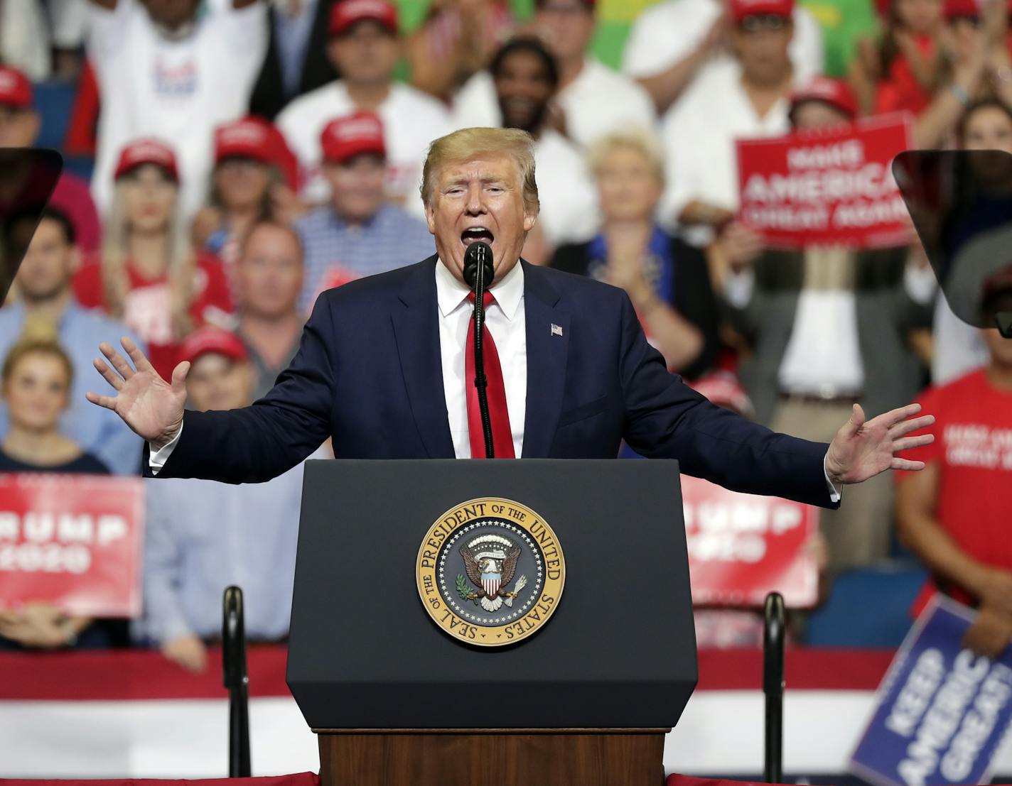 President Donald Trump speaks to supporters where he formally announced his 2020 re-election bid Tuesday, June 18, 2019, in Orlando, Fla. (AP Photo/John Raoux)