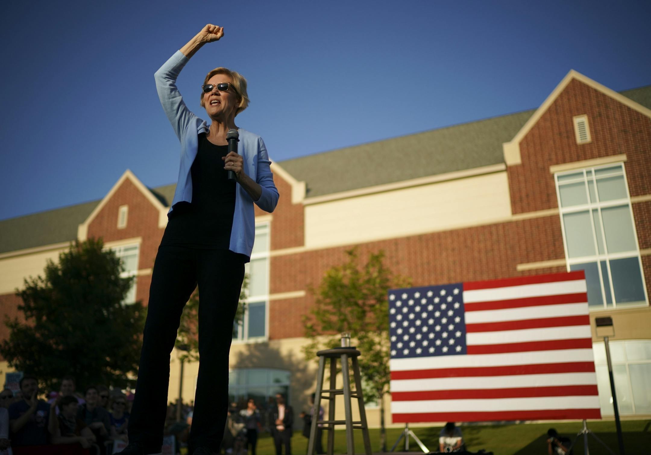 Sen. Elizabeth Warren during her her Town Hall on Shaw Field at Macalester College Monday evening.