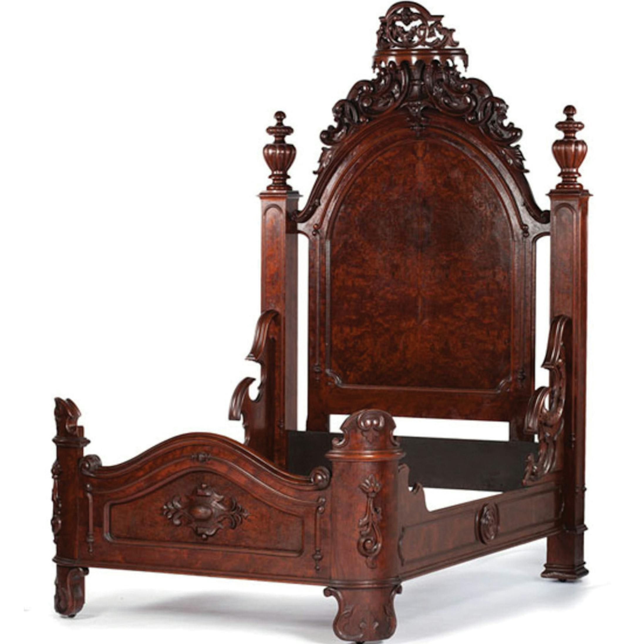 Cowles Syndicate Inc A set of furniture that would fill the bedroom sold for $5,400 at an auction in the Midwest. It was made from solid walnut with burl and carved trim.
