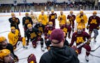 Gophers coach Bob Motzko spoke to players at a January practice at Fogerty Arena in Blaine.