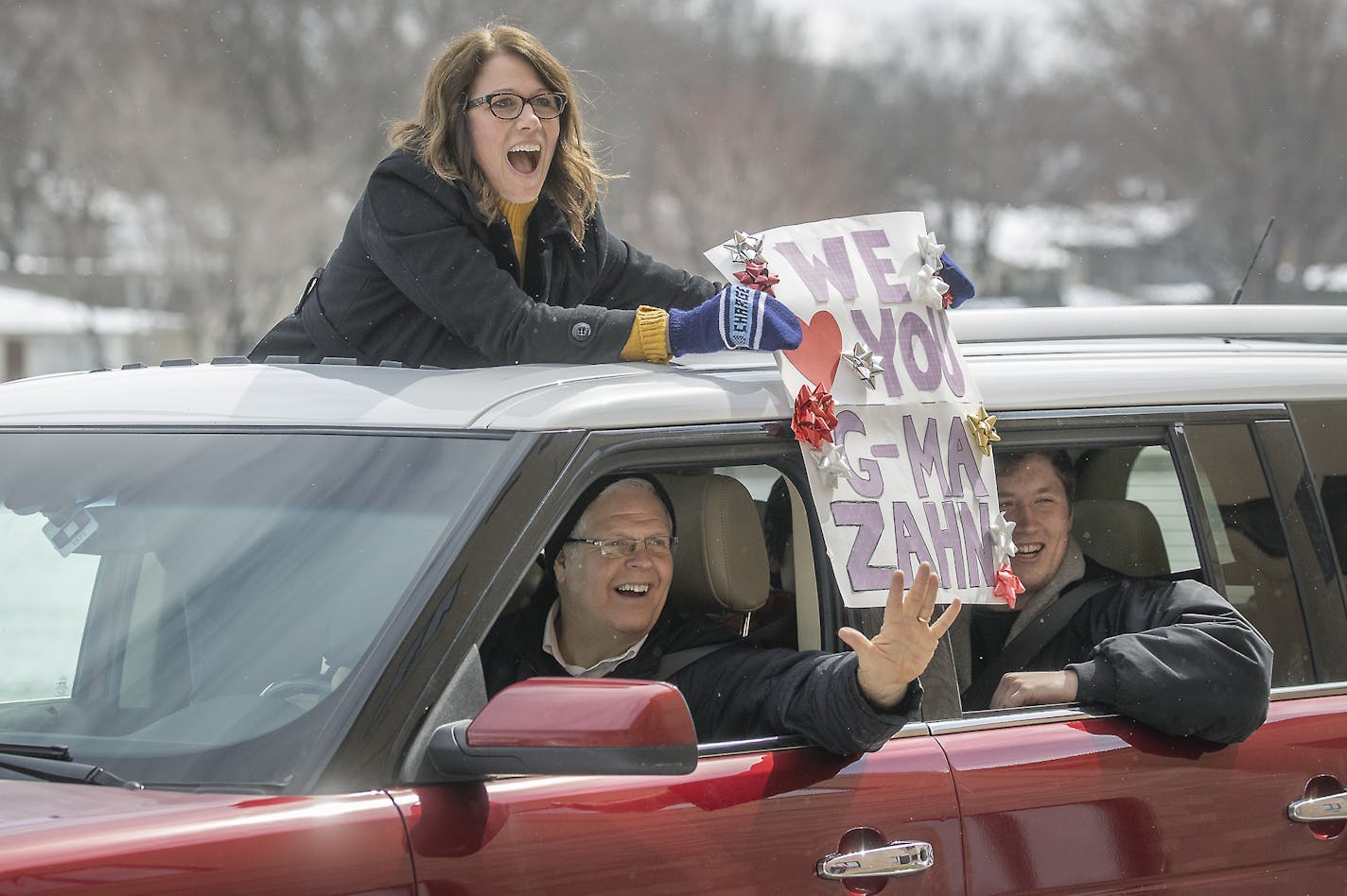 Friends an family celebrated the 112th birthday of Erna Zahn with a parade in front of her window at the Oak Hills Living Center, Tuesday, April 14, 2020 in New Ulm, MN. Erna Zahn is Minnesota's oldest resident. ] ELIZABETH FLORES &#x2022; liz.flores@startribune.com