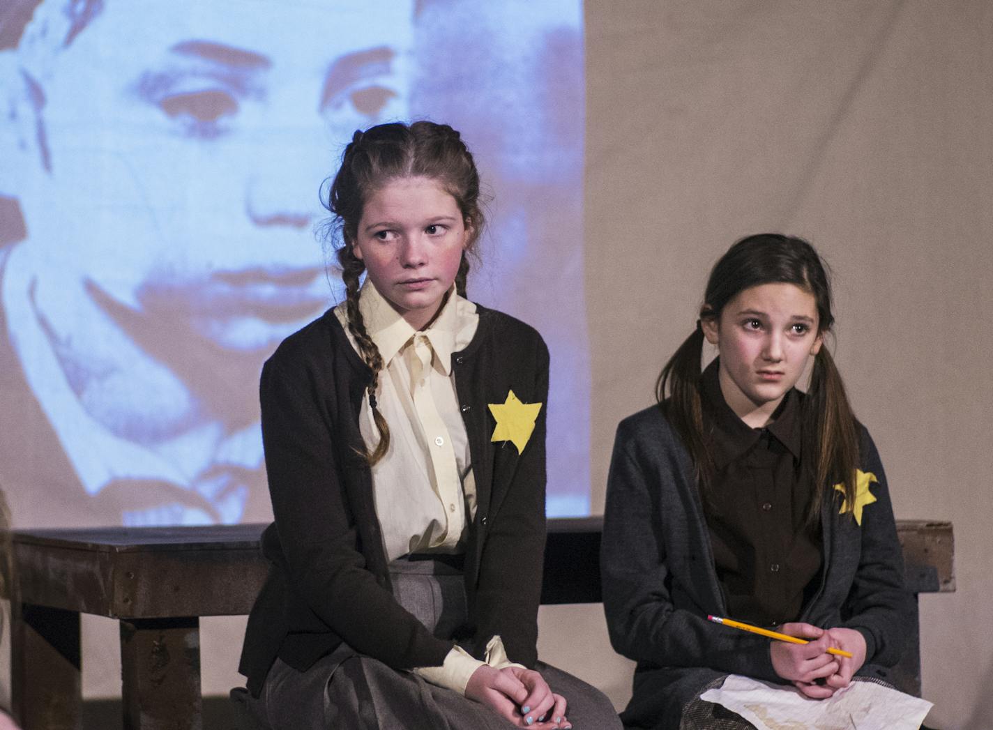 CarolAnn Frederickson, center, plays the role of Raja, who bemoans &#x201c;I Never Saw Another Butterfly&#x201d; as one of her lines. On the far right, is Gabby Rosen, the only Jewish cast member.