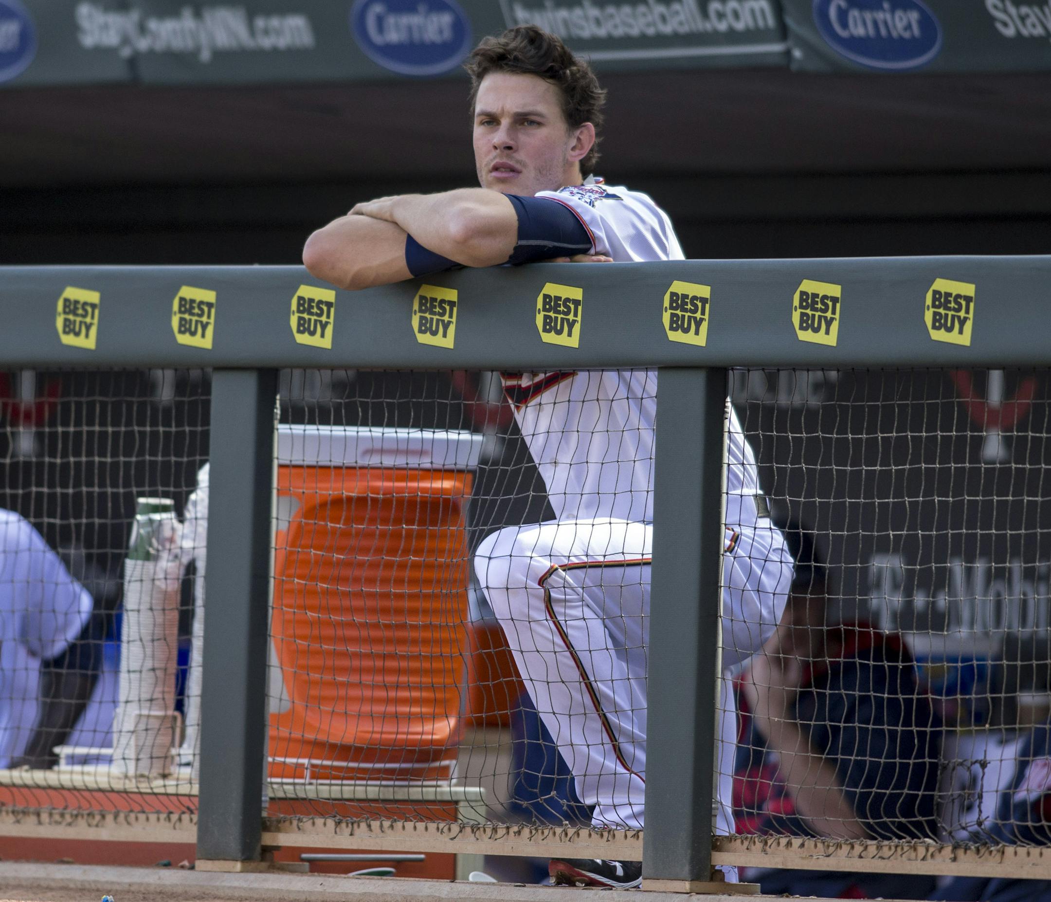 Minnesota Twins right fielder Max Kepler watches as his team plays against the Kansas City Royals in the second inning at a baseball game Sunday, Oct. 4, 2015, in Minneapolis. The Royals won 6-1. (AP Photo/Bruce Kluckhohn) ORG XMIT: MNBK120