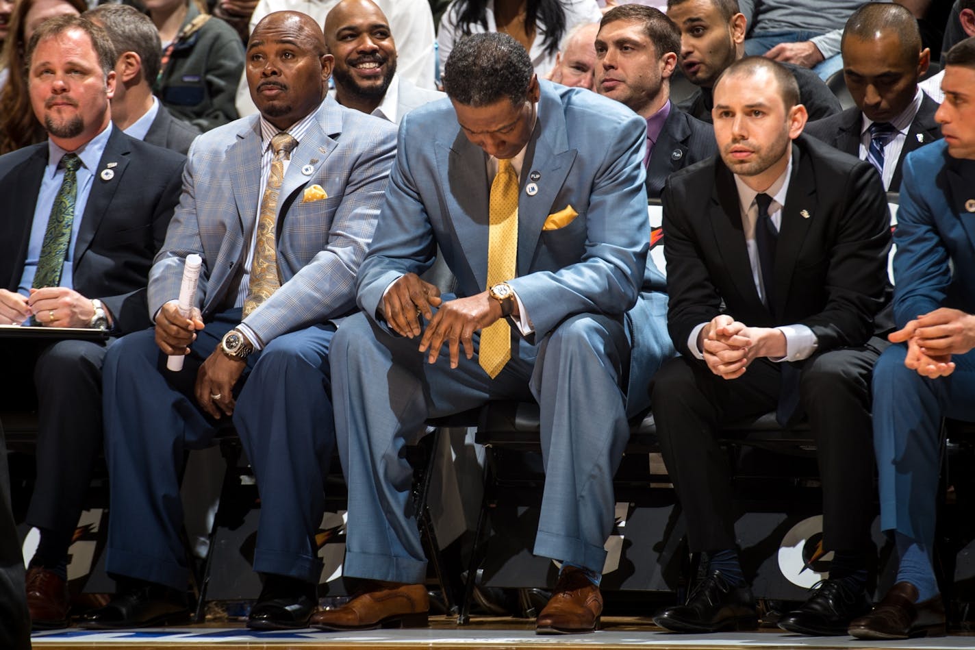 Minnesota Timberwolves interim head coach Sam Mitchell looked down to his feet during a break in the action in the first quarter against the New Orleans Pelicans. He was officially let go form the team after the game.