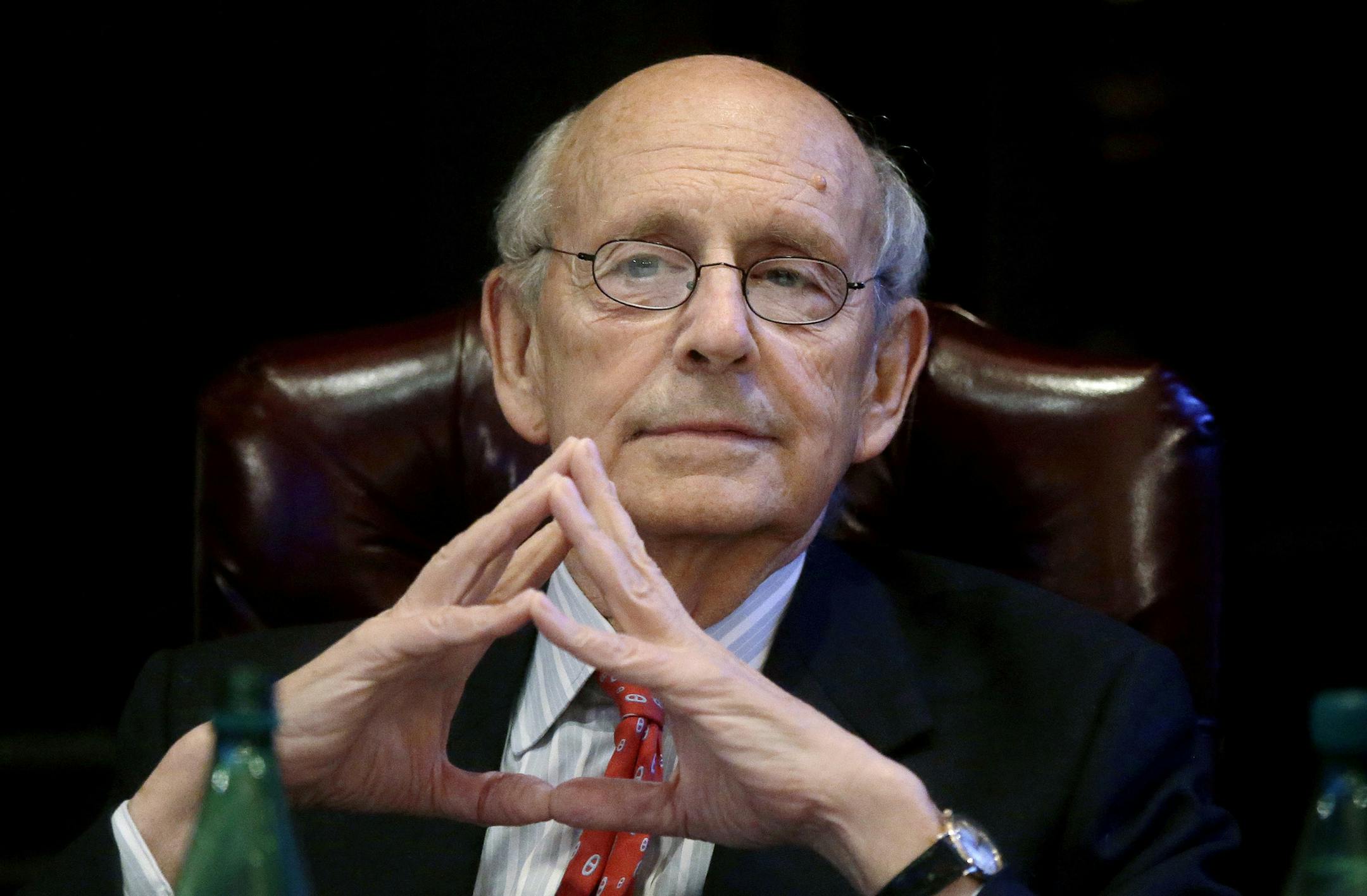 FILE - In this Feb. 13, 2017 file photo, United States Supreme Court Justice Stephen Breyer listens during a forum at the French Cultural Center in Boston. Breyer is exploring hate speech and the First Amendment at an event in Boston. He is scheduled to have a public discussion on Thursday, March 29, 2018, with the president of the National Constitution Center, a nonprofit history museum in Philadelphia. (AP Photo/Steven Senne, File)