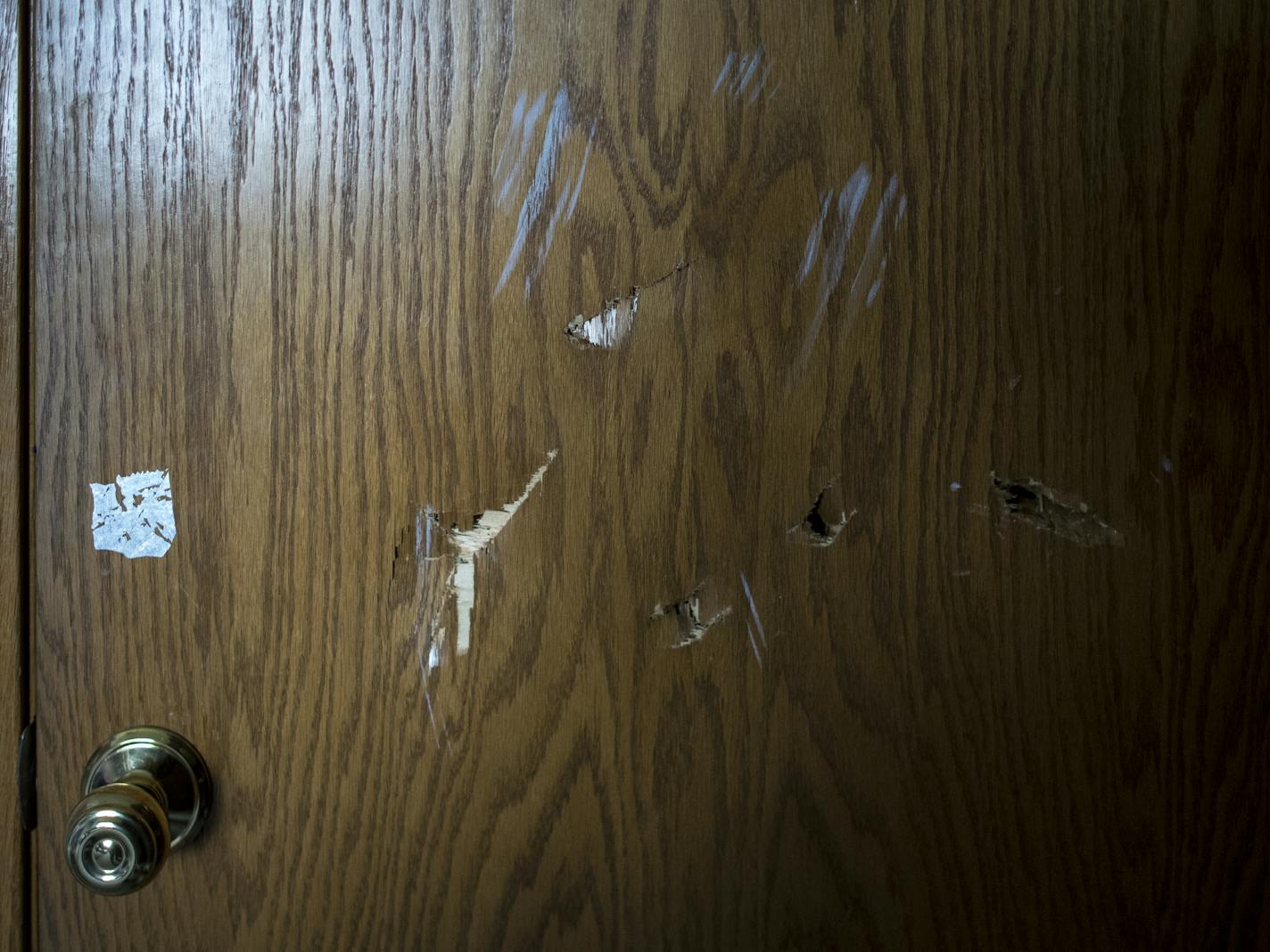 Severe damage on a door in a bedroom of Sally Larson's home. ] (AARON LAVINSKY/STAR TRIBUNE) aaron.lavinsky@startribune.com Photos to accompany story on foster care regulation. We photograph foster parent Sally Larson, who says she's had thousands of dollars in damage to her home from being a foster parent over the years. Wednesday, June 8, 2016 in Blaine, Minn.