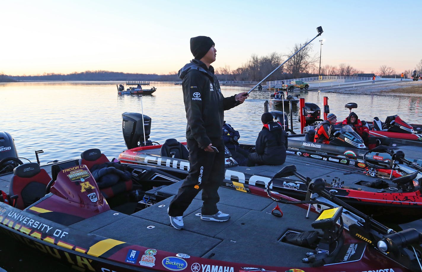 Prior to leaving the dock on Wednesday to pratice fish for the Bassmaster Classic on Grand Lake, Okla., Trevor Lo of St. Paul took a video of himself, which he uploaded for his sponsors to use on the Internet and various social media.