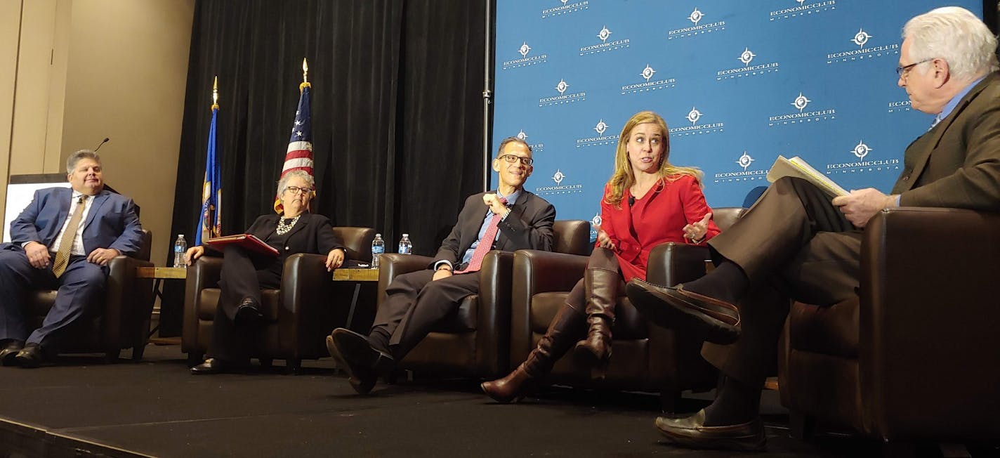 From right to left, Chris Farrell of Marketplace; Devy Boughner Vorwerk, former CVP of Global Affairs at Cargill; Ken Smith Ramos, Mexico's former chief negotiator for NAFTA; Tami Overby, former senior vice president for Asia for the U.S. Chamber of Commerce; and Kevin Paap, president of the Minnesota Farm Bureau. The panel discussed free trade at the Economic Club of Minnesota luncheon, Tuesday, Dec. 3, 2019, at the Hilton Hotel in downtown Minneapolis.