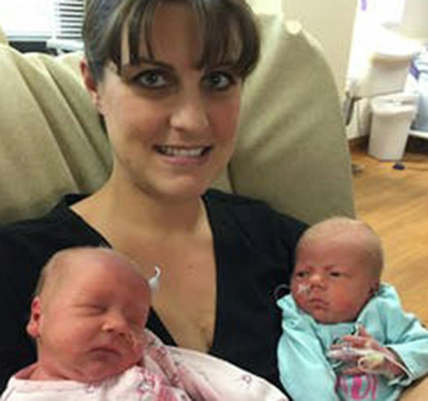 Nichole Mickelson and her new twins, Anna and Ashley.