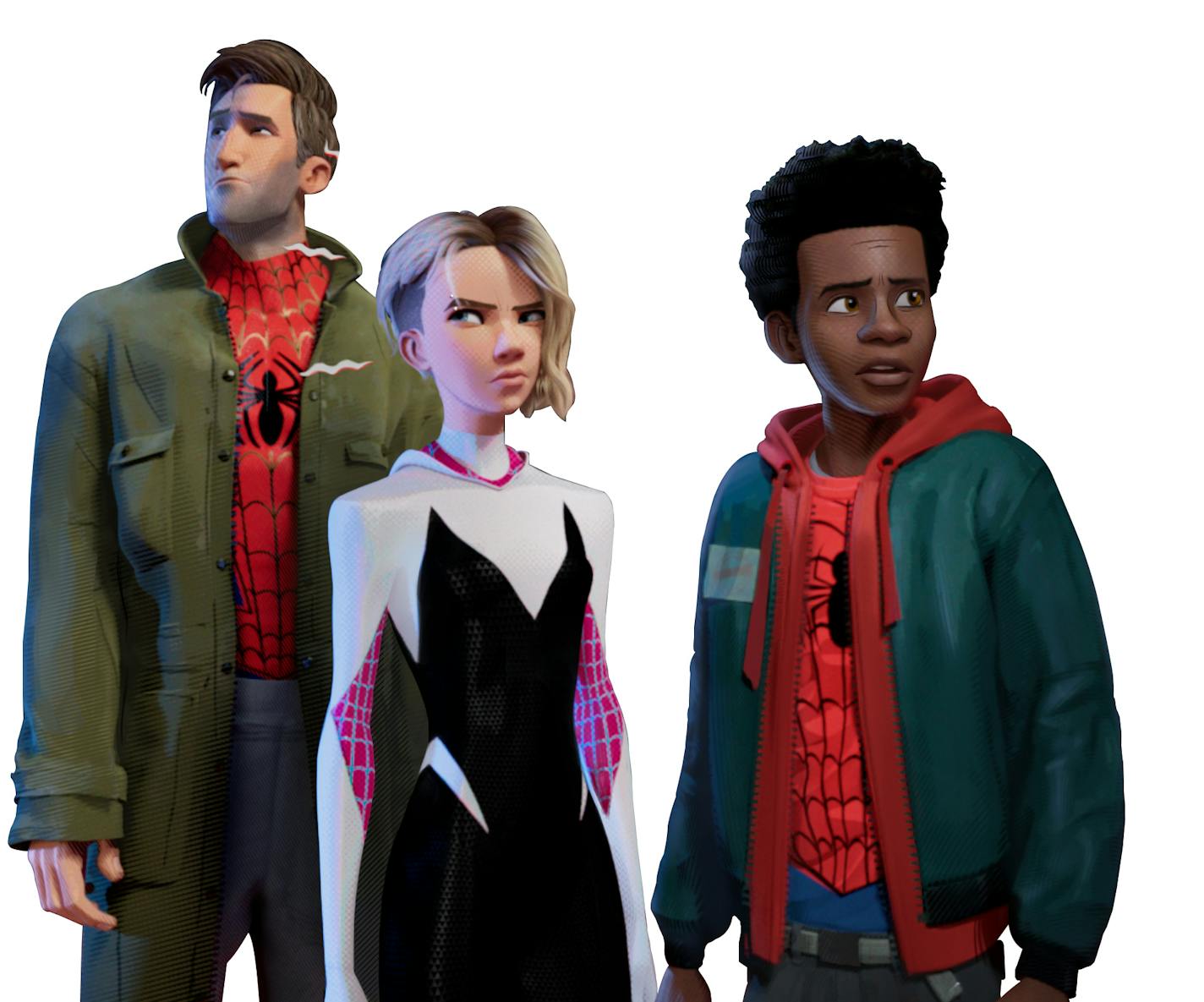 Peter Parker (Jake Johnson), Gwen Stacy (Hailee Steinfeld) and Miles Morales (Shameik Moore) in Sony Pictures Animation's SPIDER-MAN: INTO THE SPIDER-VERSE. ORG XMIT: MIN1811021518221054