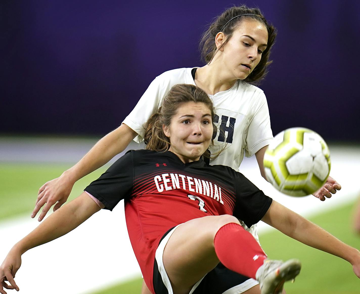 Centennial forward Khyah Harper (7), bottom and Rosemount midfielder Sophie Parla (10) battled in the first half. ] LEILA NAVIDI &#x2022; leila.navidi@startribune.com BACKGROUND INFORMATION: Centennial plays against Rosemount in the class 2A girls soccer state semifinals at U.S. Bank Stadium in Minneapolis on Monday, October 28, 2019. Centennial won the game 2-1 in overtime.